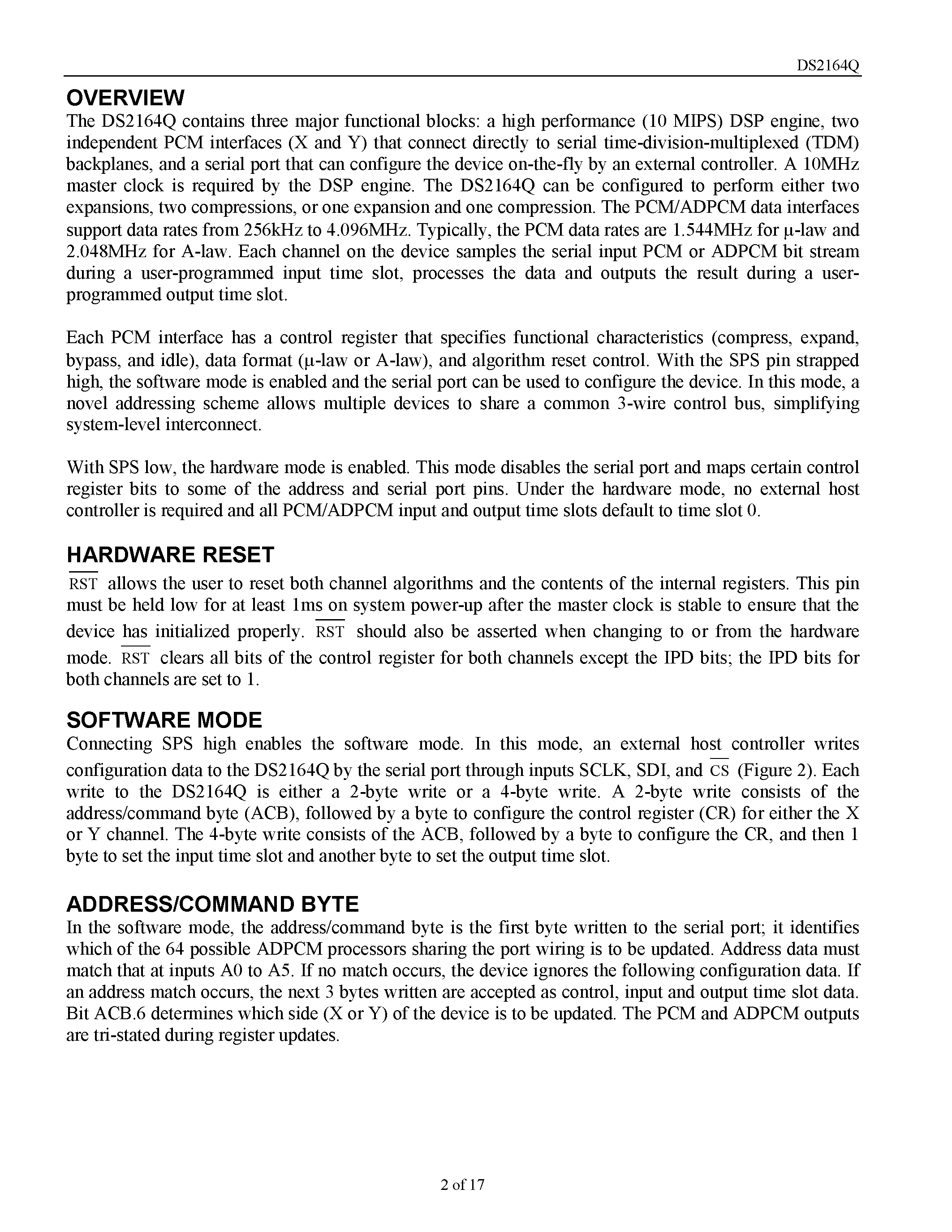 Datasheet DS2164Q - G.726 ADPCM Processor page 2