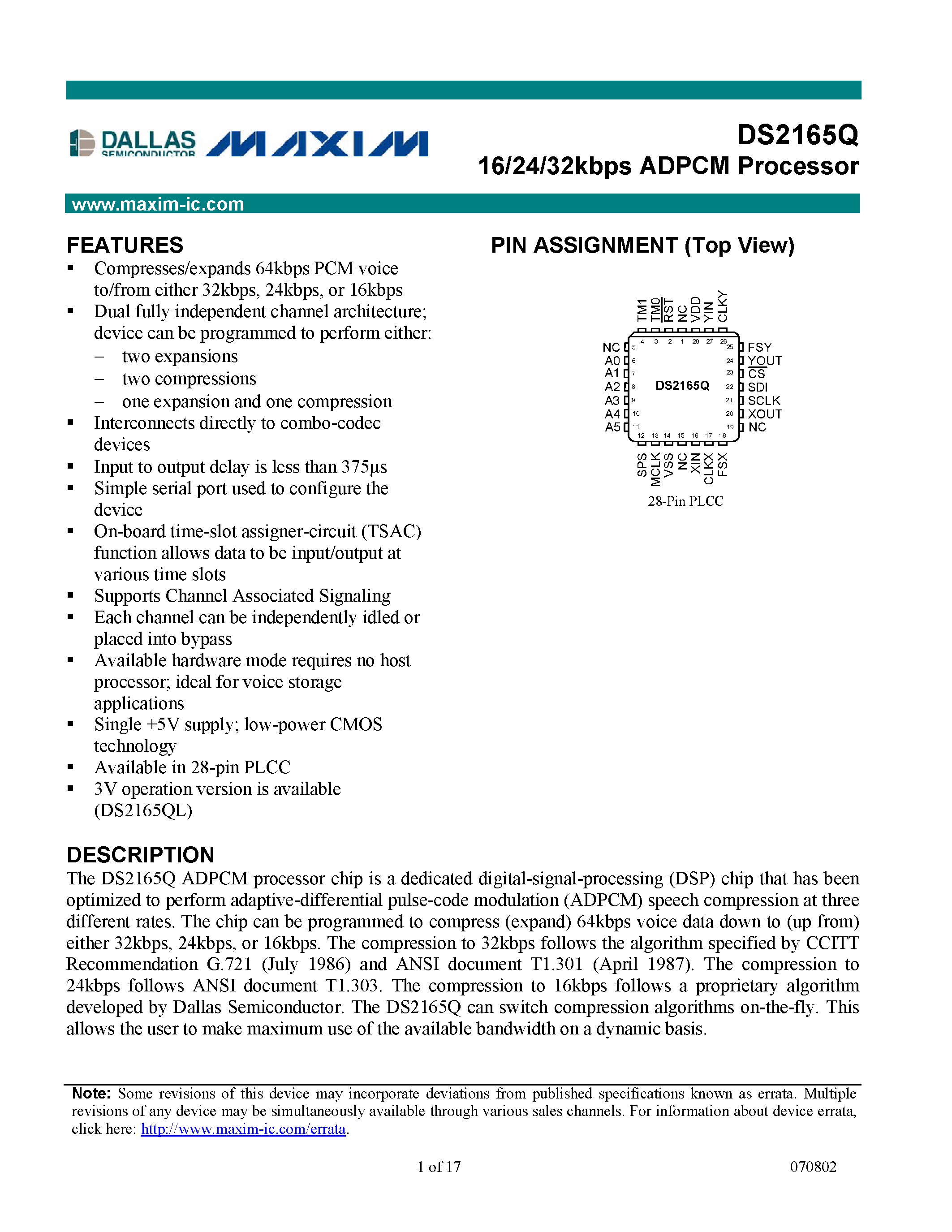 Datasheet DS2165-DS2165Q - 16/24/32kbps ADPCM Processor page 1