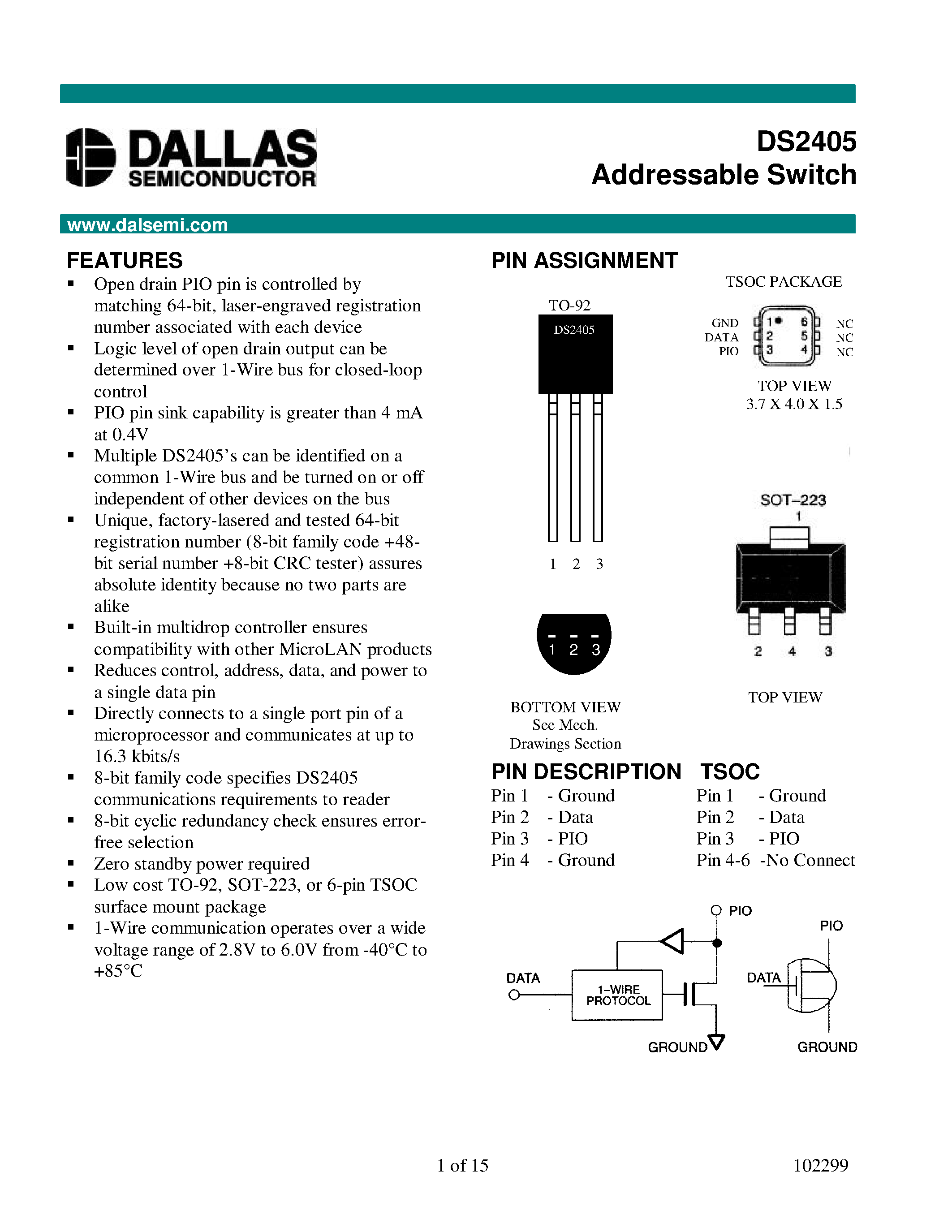 Datasheet DS2405 - Addressable Switch page 1