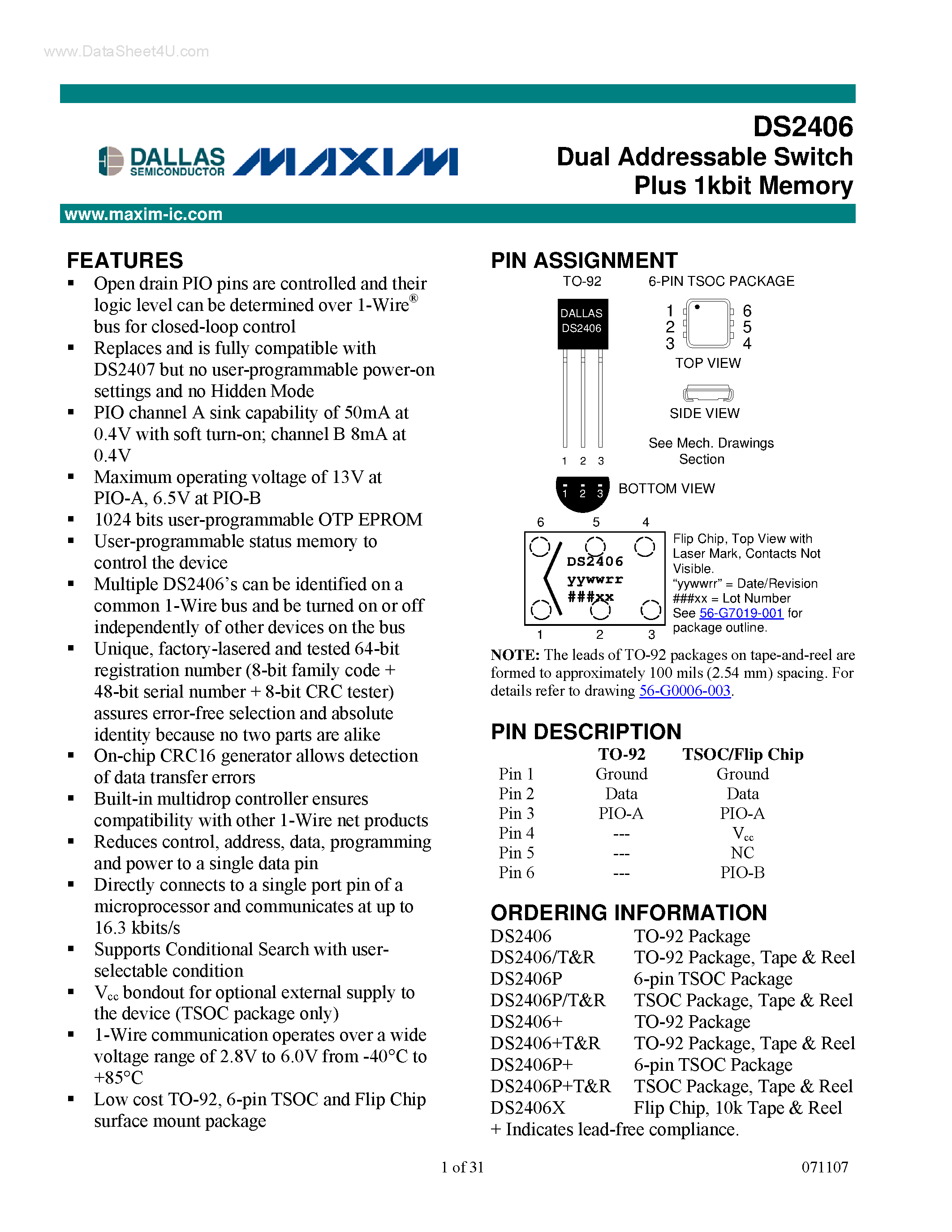 Datasheet DS2406 - Dual Addressable Switch Plus 1K-Bit Memory page 1