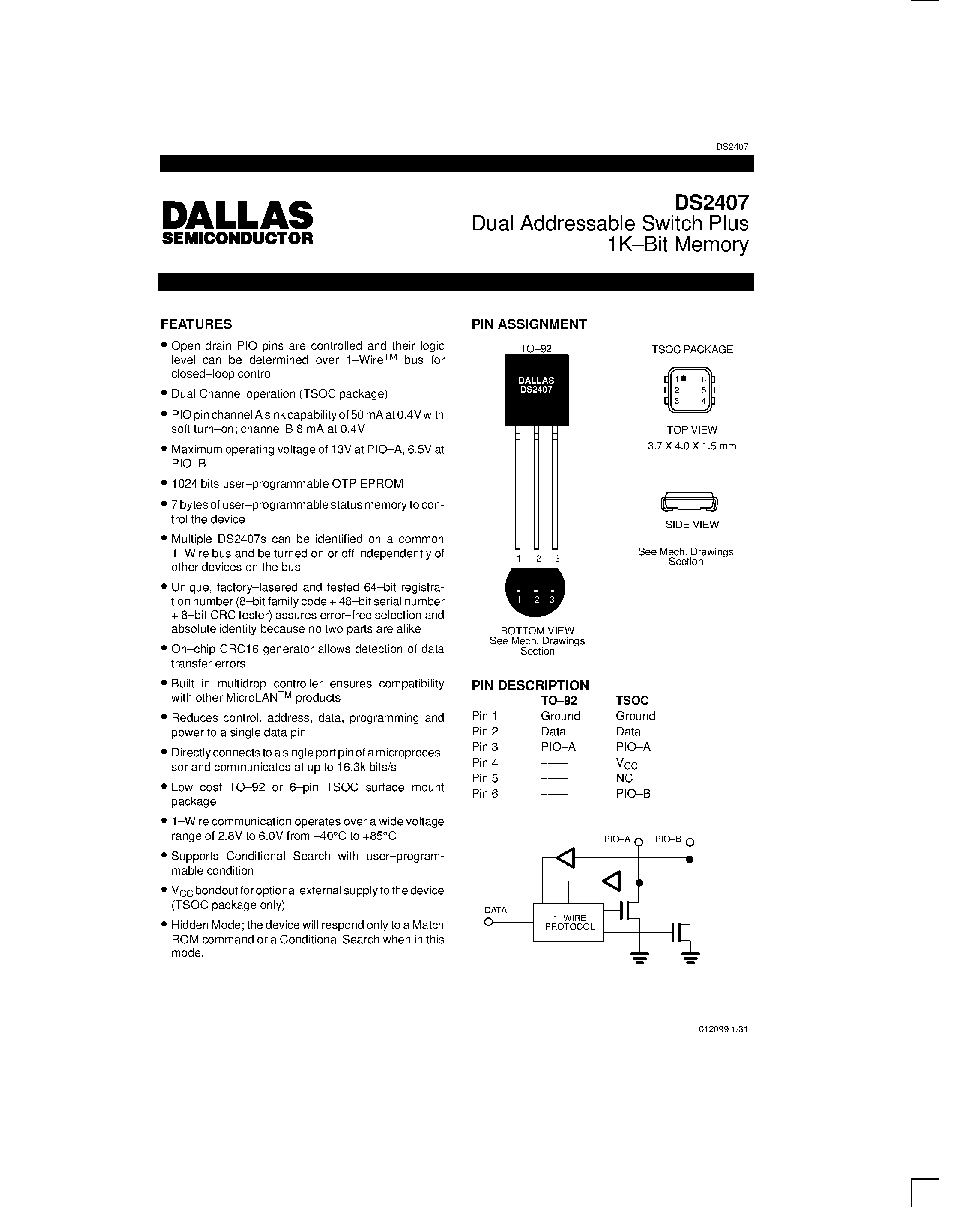 Datasheet DS2407 - Dual Addressable Switch Plus 1K.Bit Memory page 1