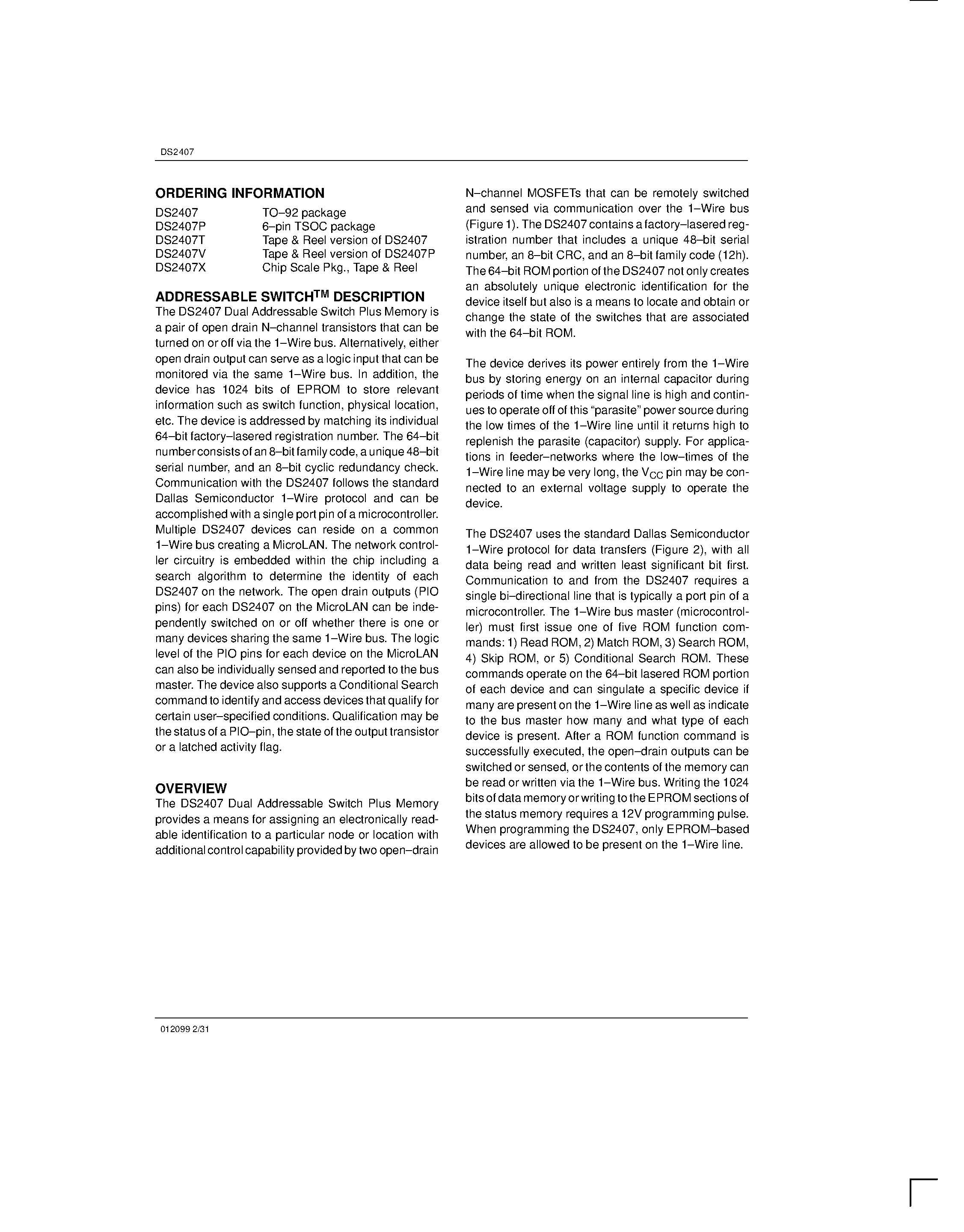 Datasheet DS2407 - Dual Addressable Switch Plus 1K.Bit Memory page 2