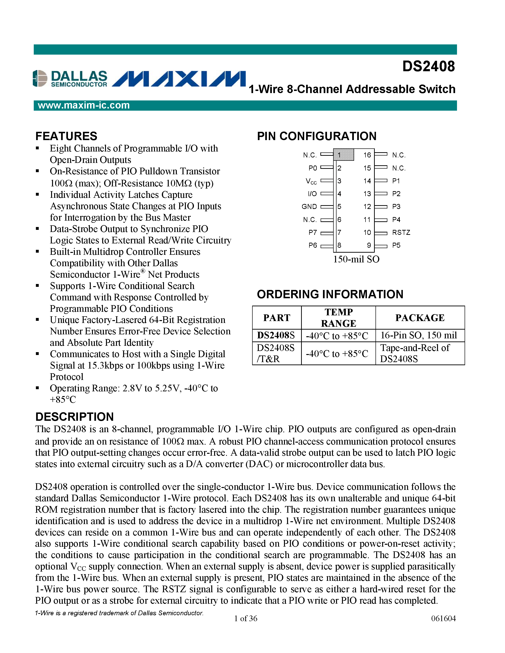 Datasheet DS2408 - 1-Wire 8-Channel Addressable Switch page 1