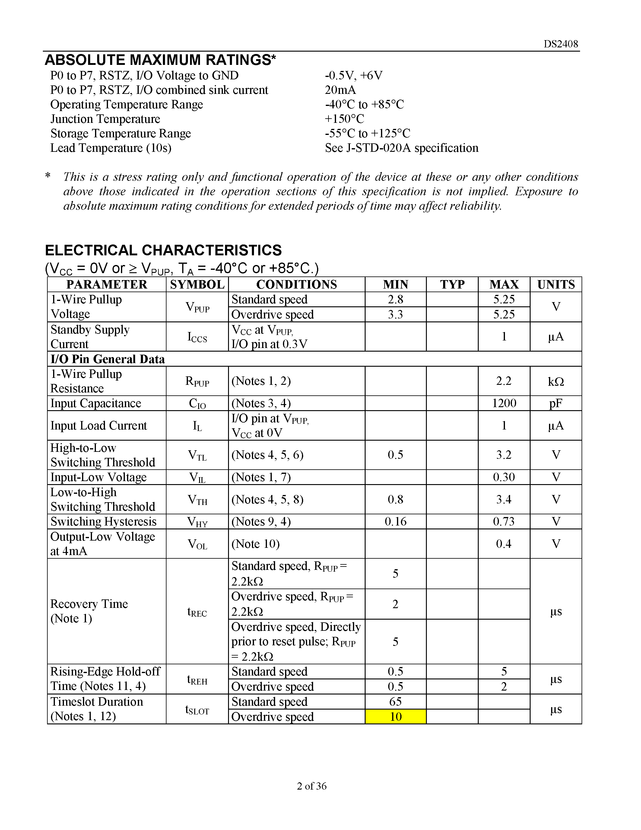 Datasheet DS2408 - 1-Wire 8-Channel Addressable Switch page 2