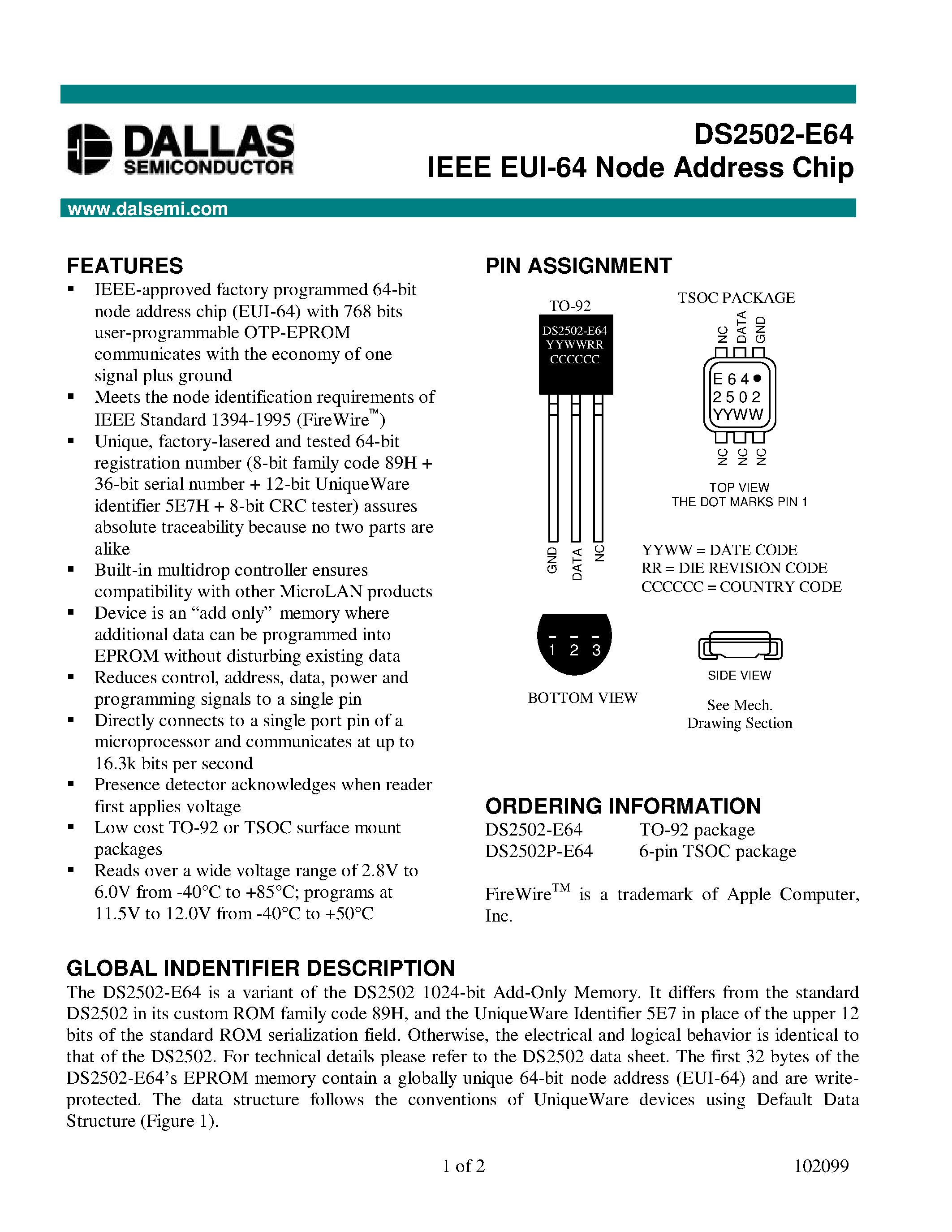 Datasheet DS2502-E64 - IEEE EUI-64 Node Address Chip page 1