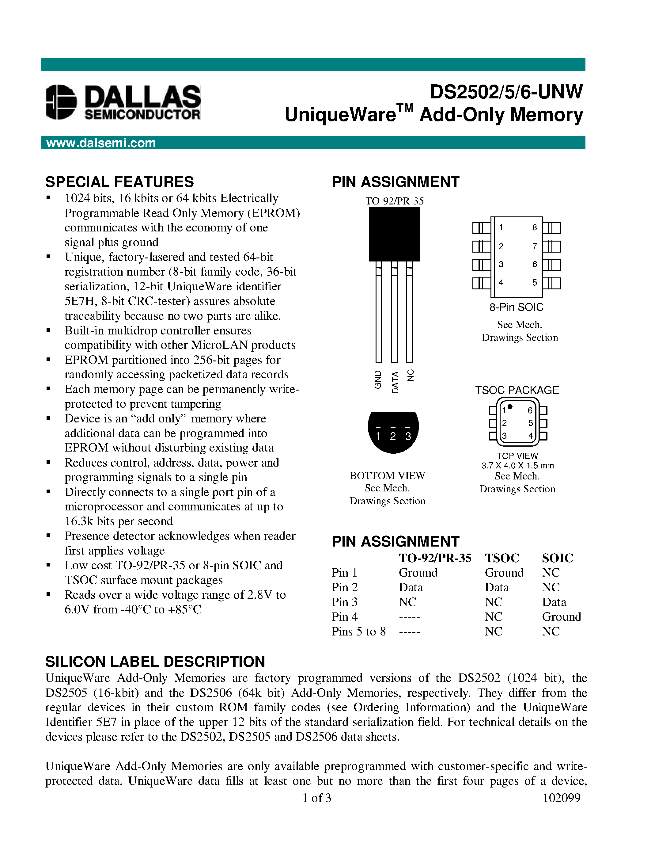 Datasheet DS2502P - 1 kbit Add-Only Memory page 1