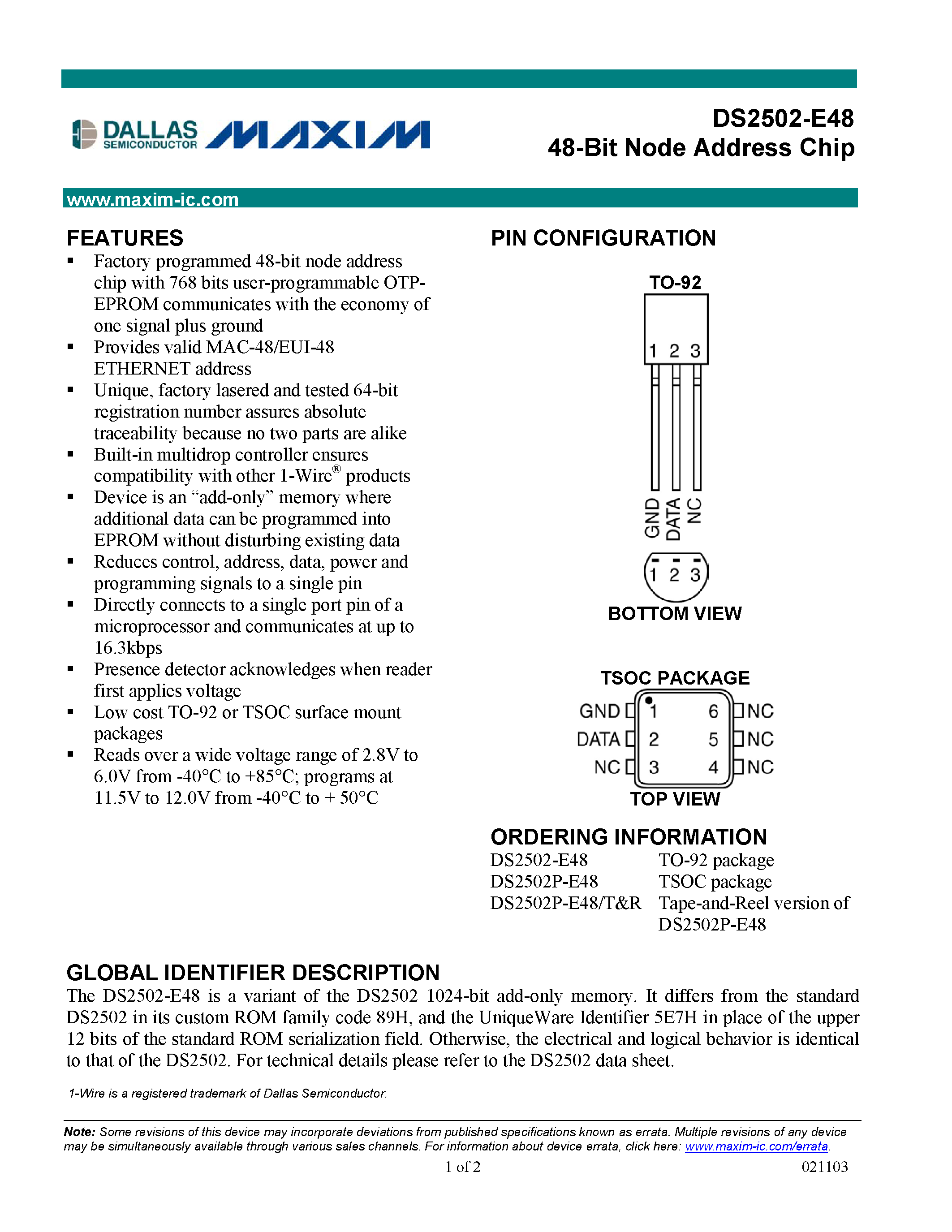 Datasheet DS2502P-E48 - 48-Bit Node Address Chip page 1