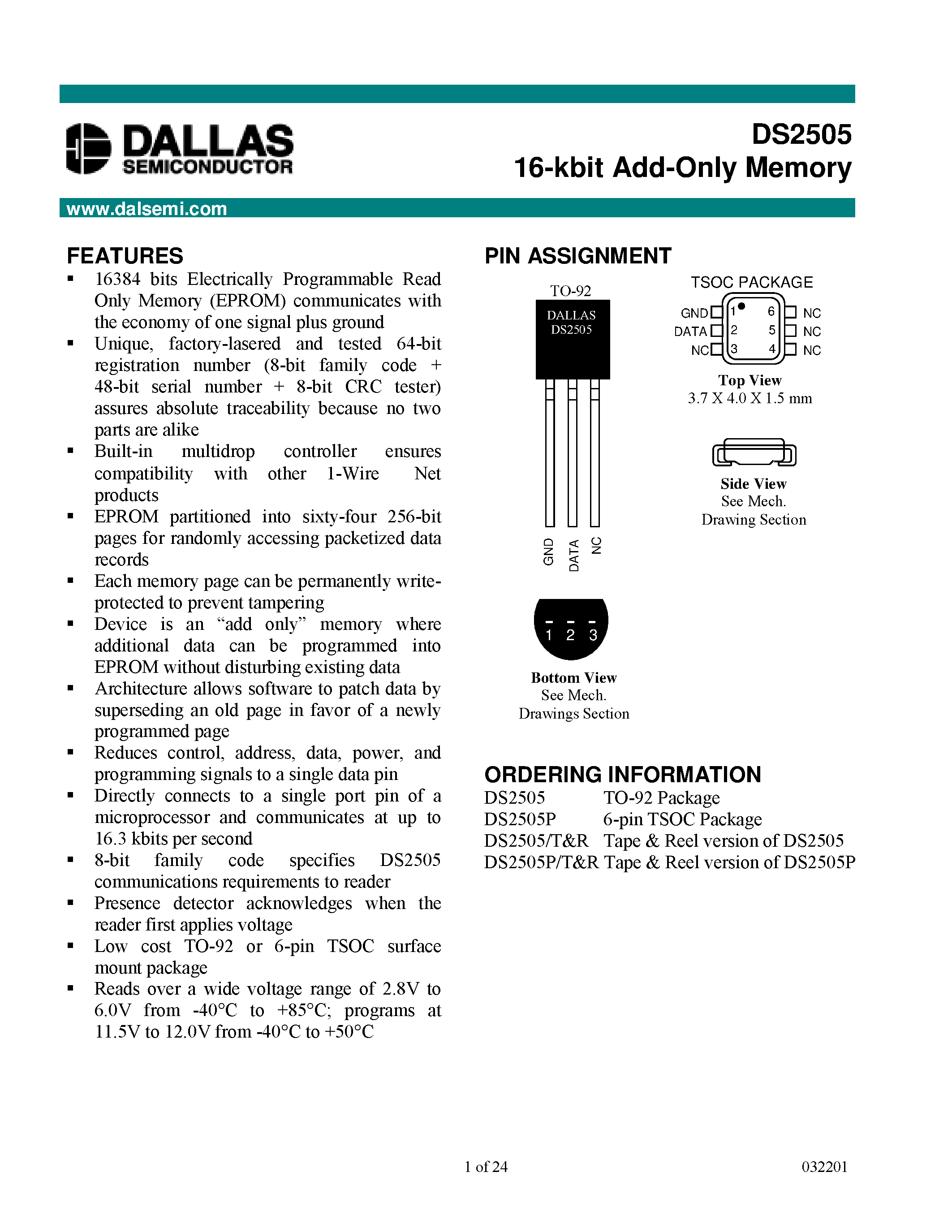 Datasheet DS2505 - 16-kbit Add-Only Memory page 1