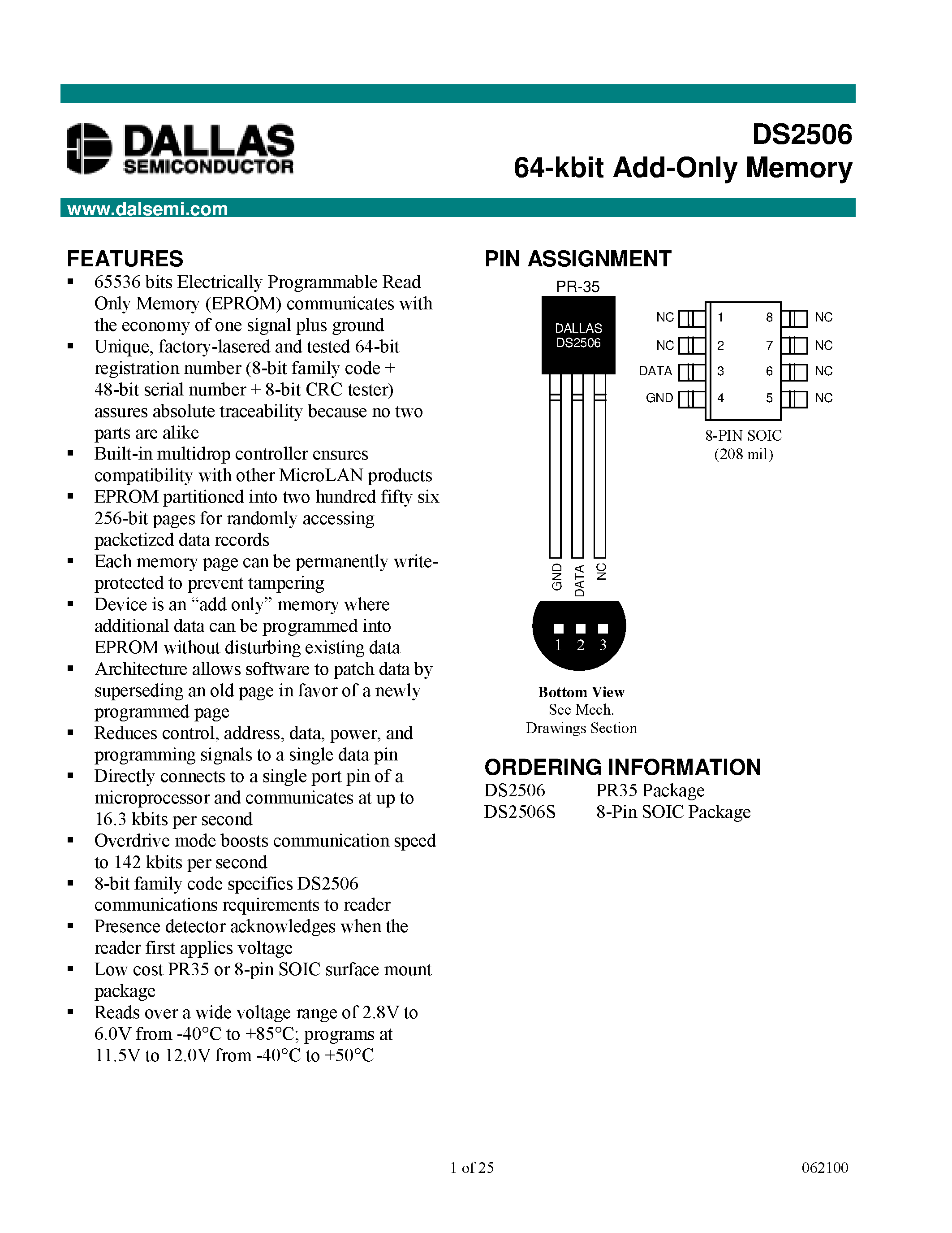 Datasheet DS2506S - 64-kbit Add-Only Memory page 1