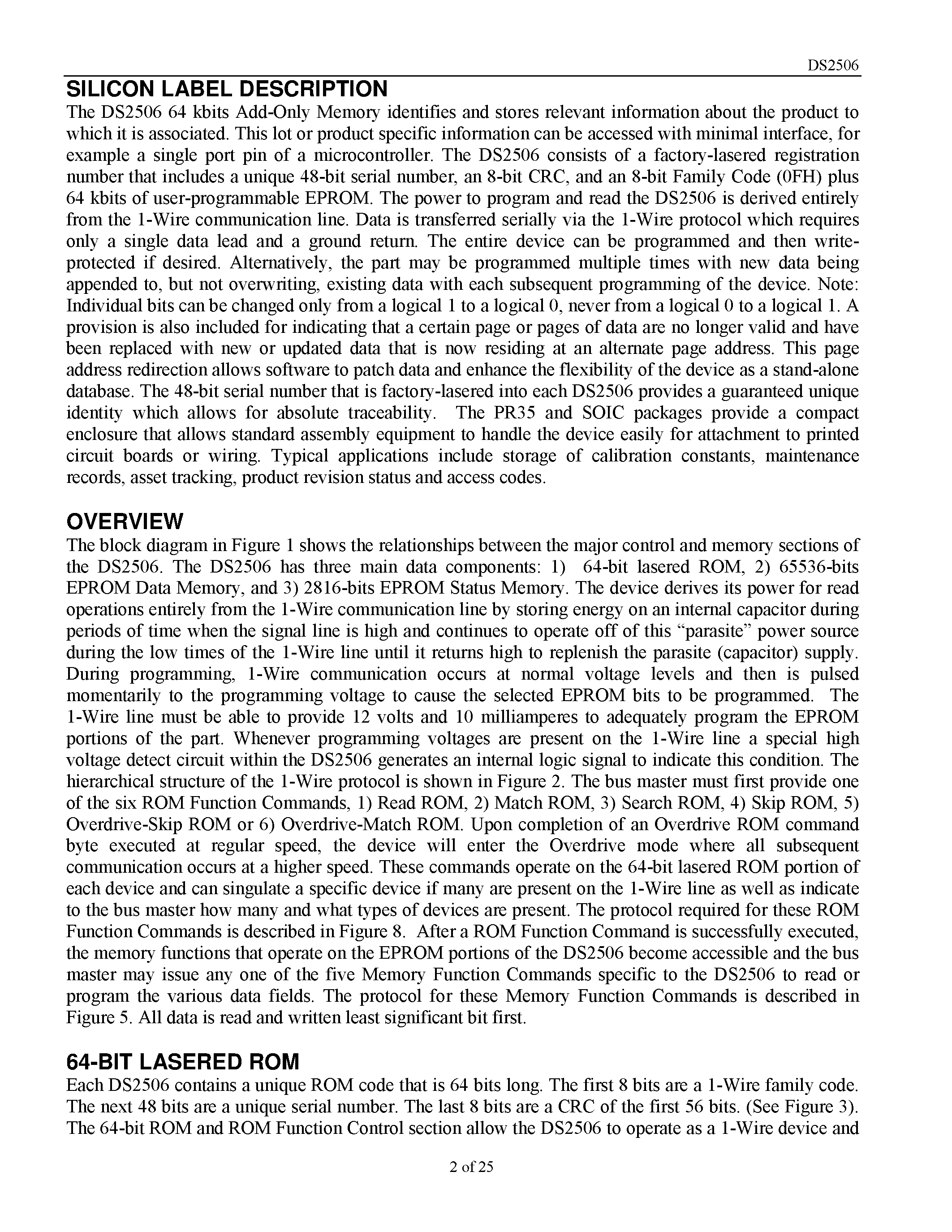 Datasheet DS2506S - 64-kbit Add-Only Memory page 2