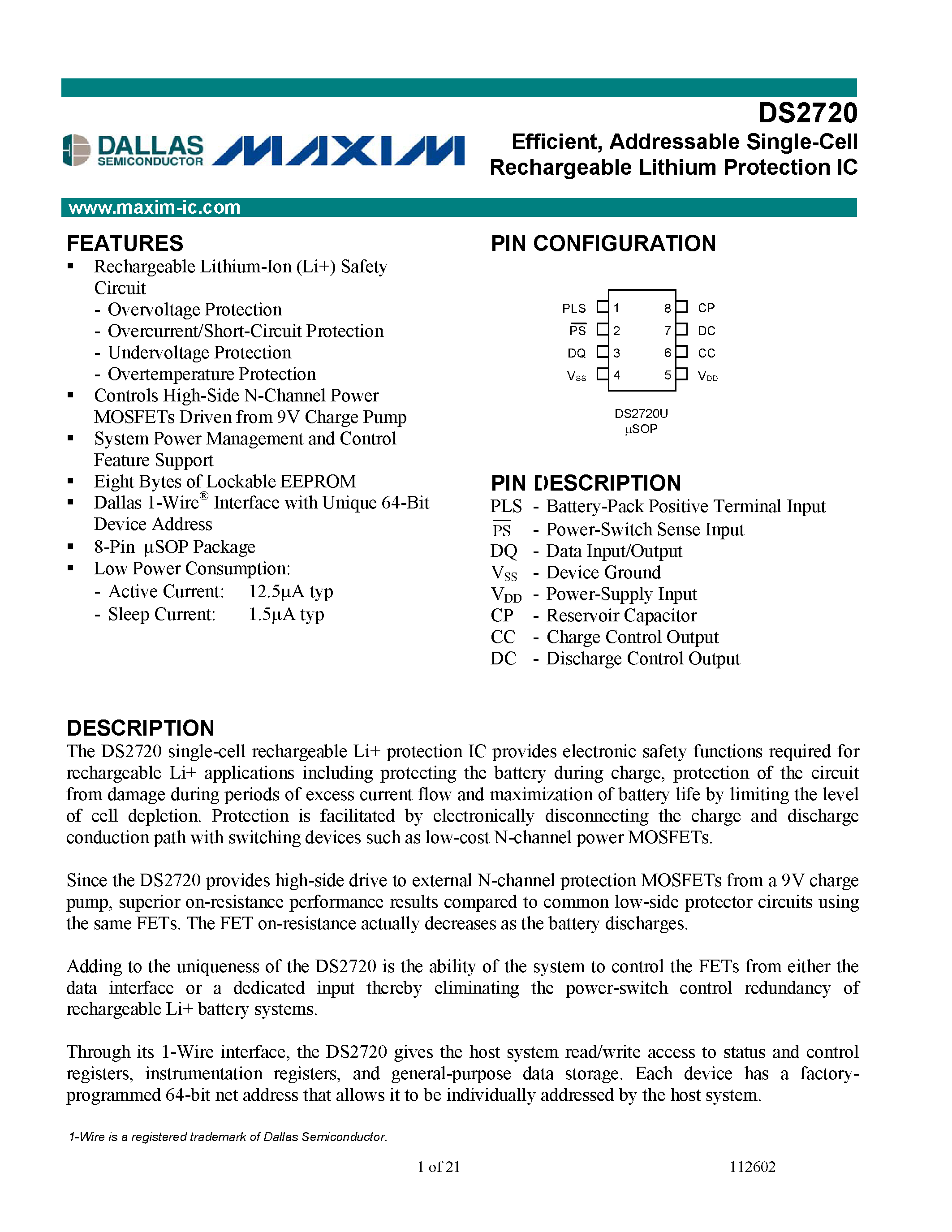 Datasheet DS2720 - Efficient/ Addressable Single-Cell Rechargeable Lithium Protection IC page 1