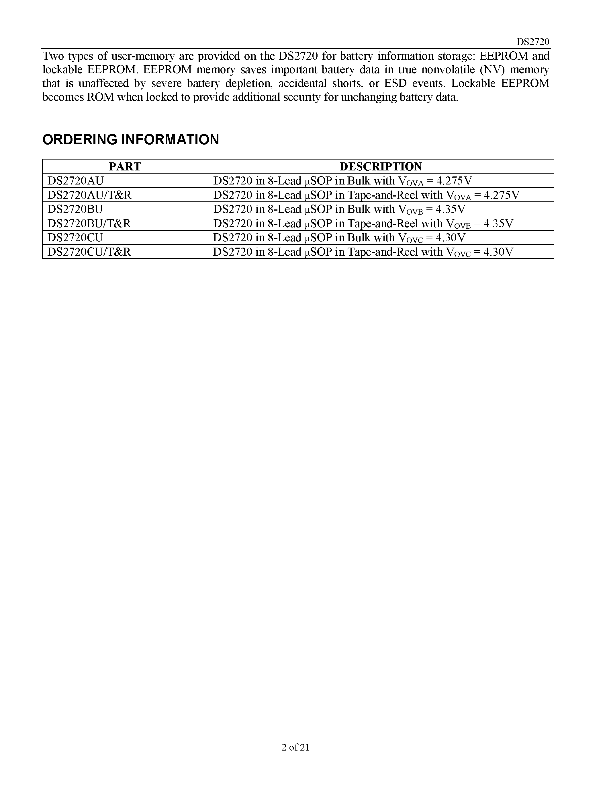 Datasheet DS2720 - Efficient/ Addressable Single-Cell Rechargeable Lithium Protection IC page 2