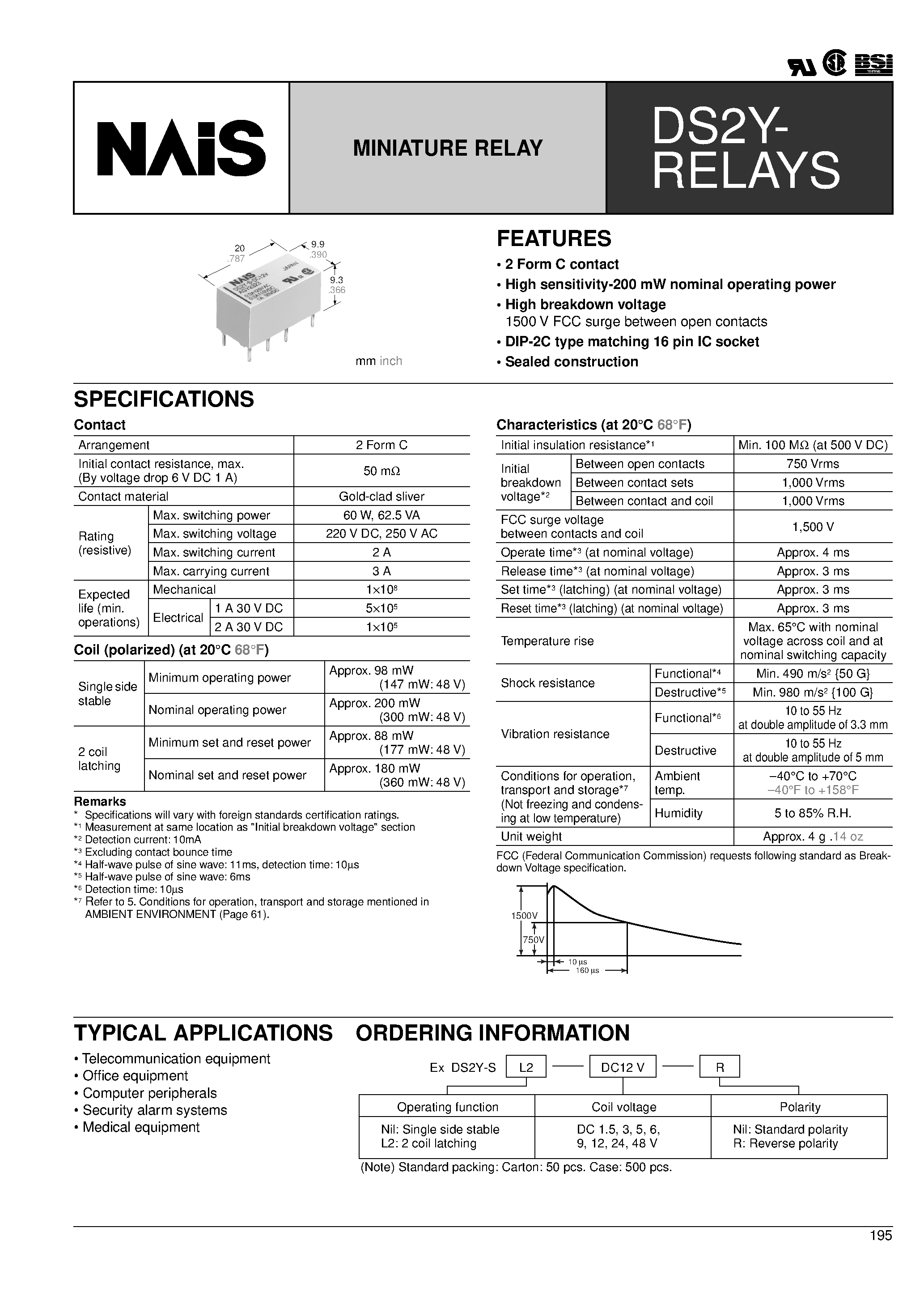 Datasheet DS2Y - 2 Form C contact High sensitivity-200 mW nominal operating power page 1