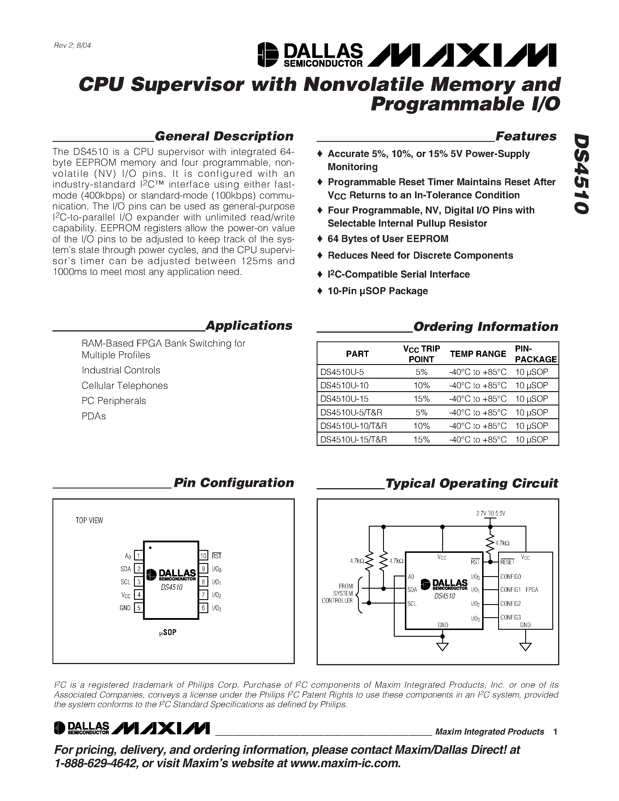 Даташит DS4510 - CPU Supervisor with Nonvolatile Memory and Programmable I/O страница 1