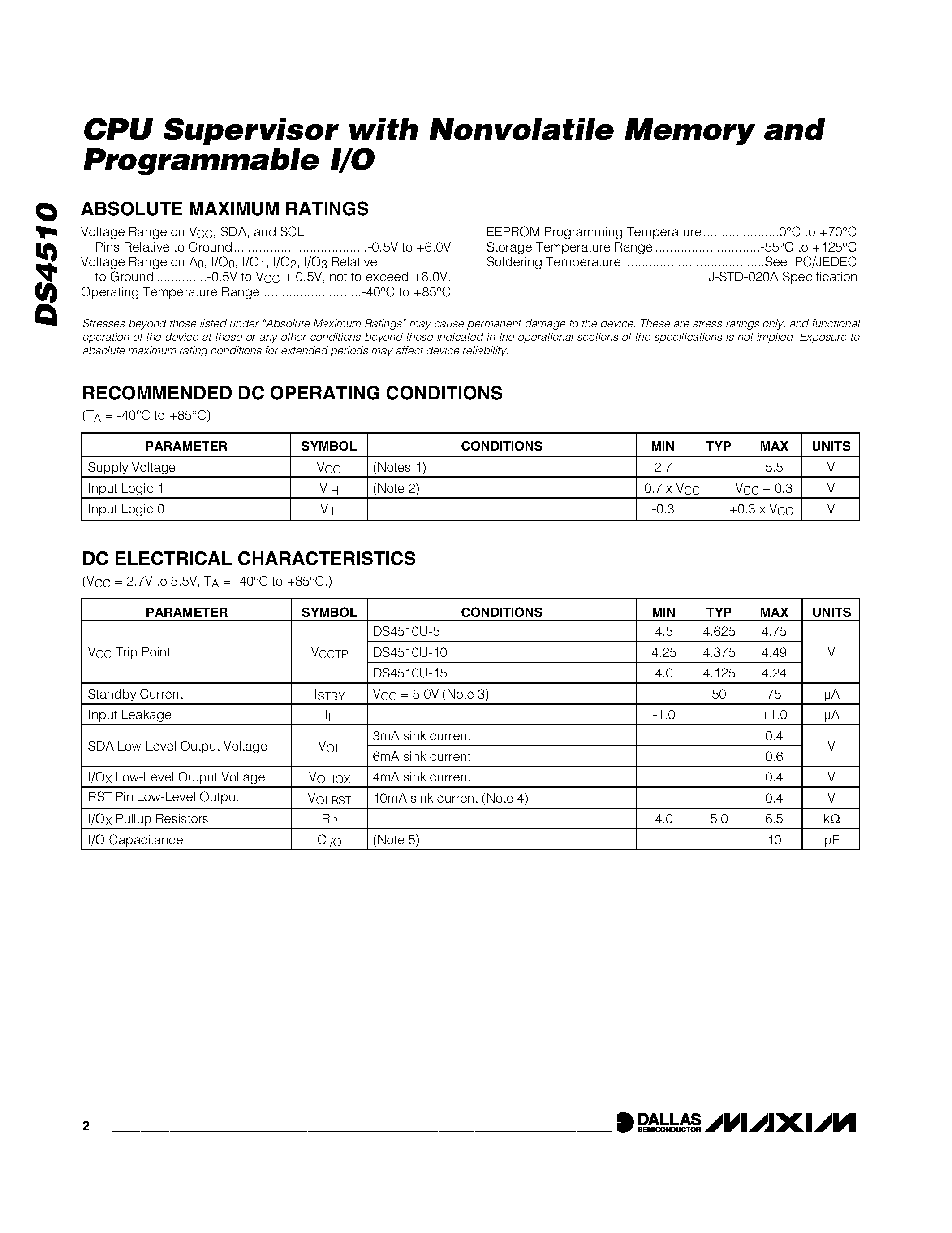 Даташит DS4510 - CPU Supervisor with Nonvolatile Memory and Programmable I/O страница 2