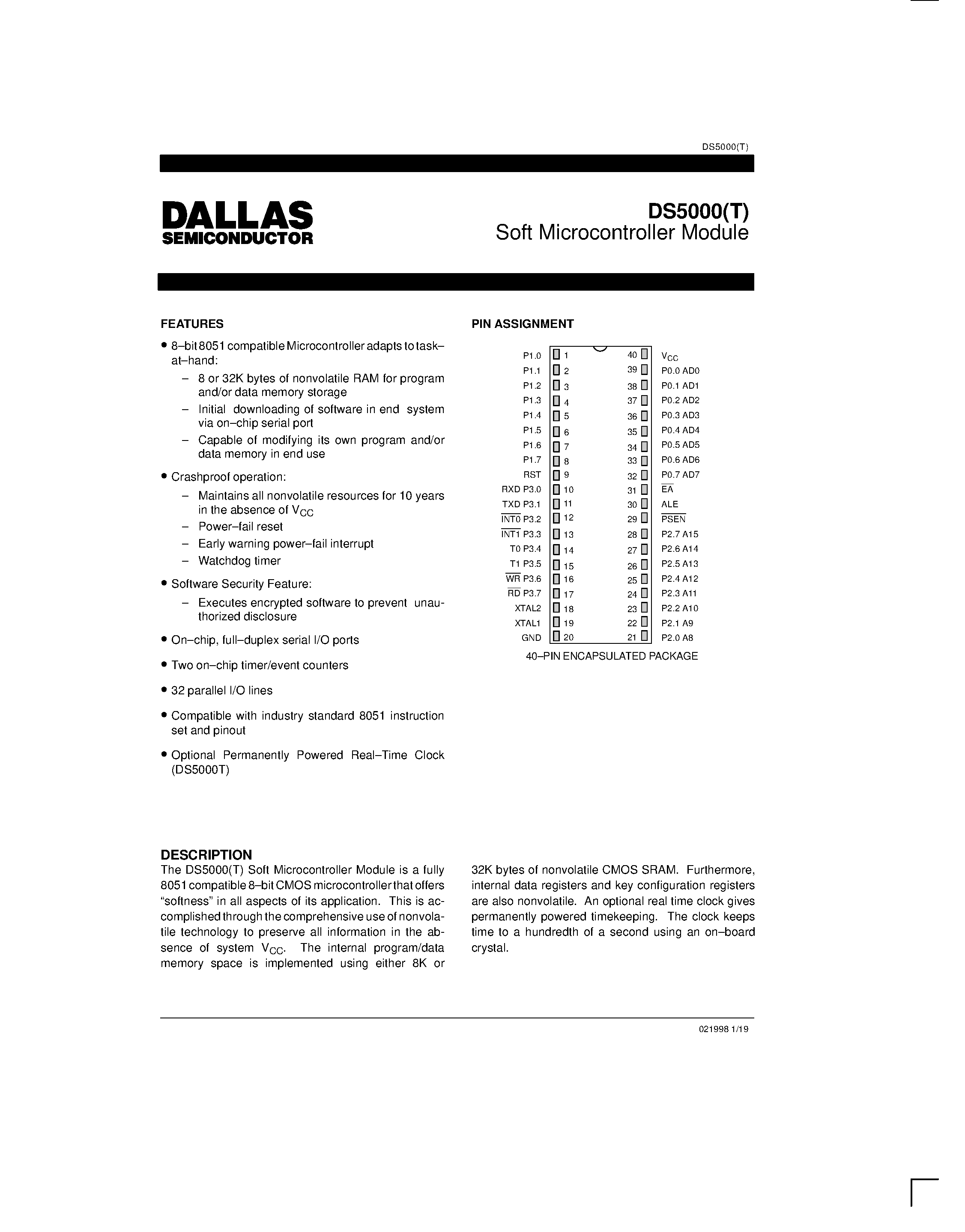 Datasheet DS5000T-8-12 - Soft Microcontroller page 1