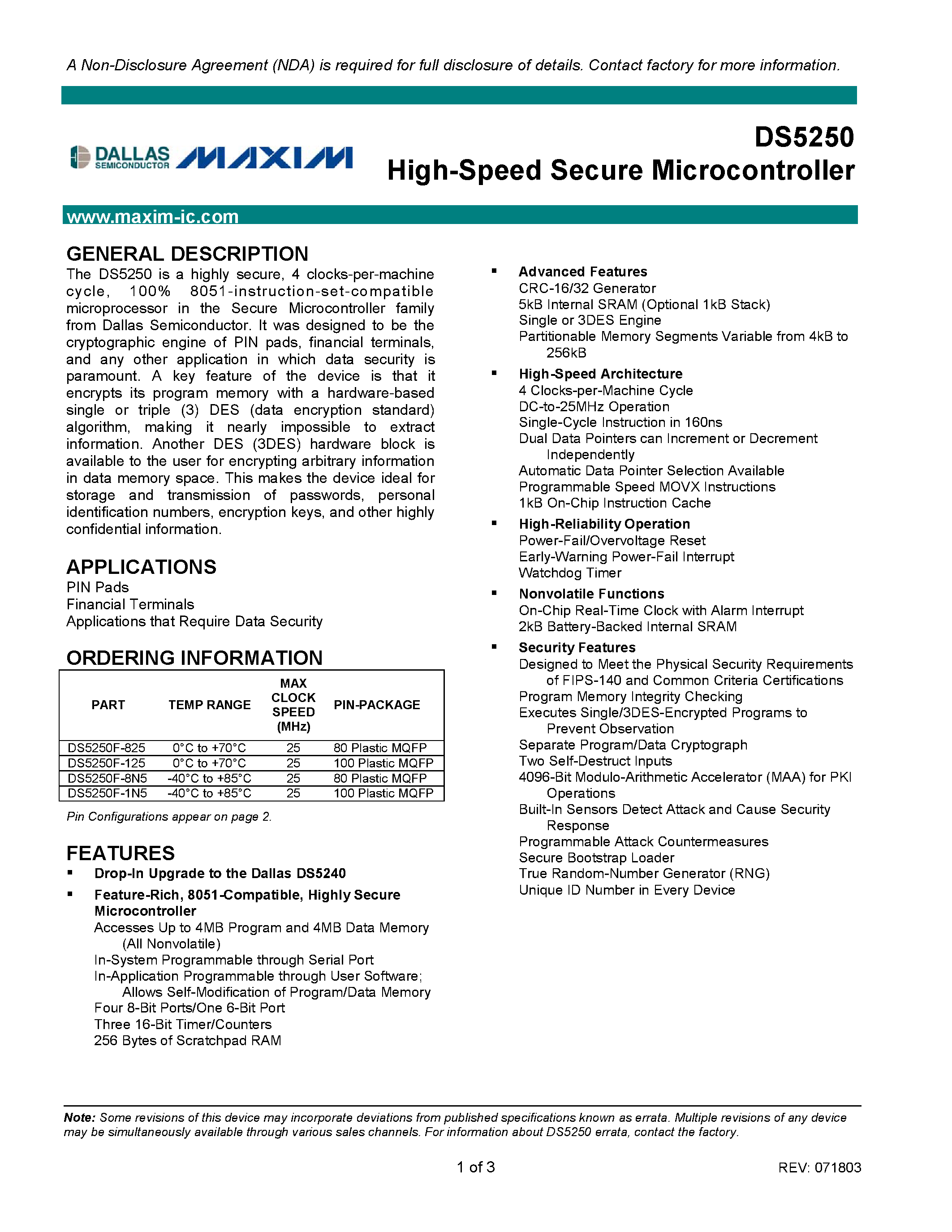 Datasheet DS5250F-1N5 - High-Speed Secure Microcontroller page 1