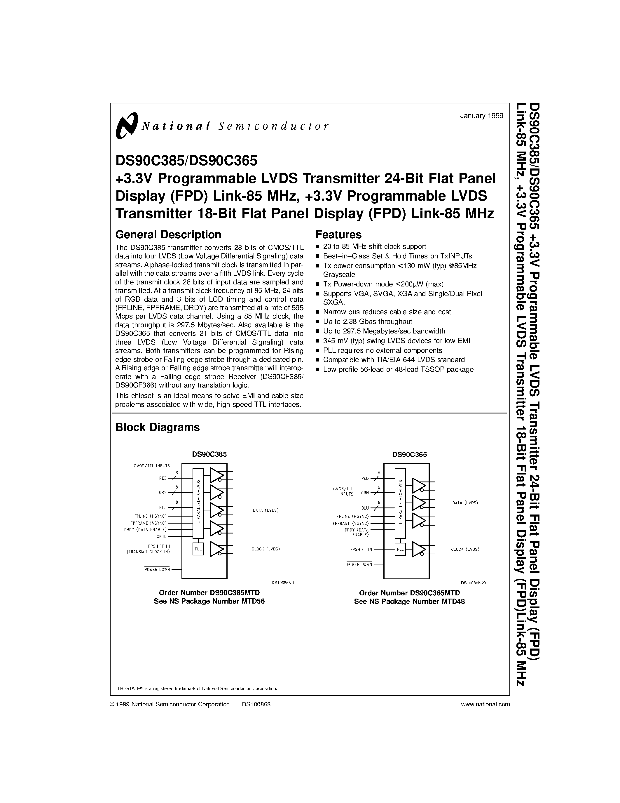 Datasheet DS90C365MTD - +3.3V Programmable LVDS Transmitter 24-Bit Flat Panel Display (FPD) Link-85 MHz/ +3.3V Programmable LVDS Transmitter 18-Bit Flat Panel Display (FPD) L page 1