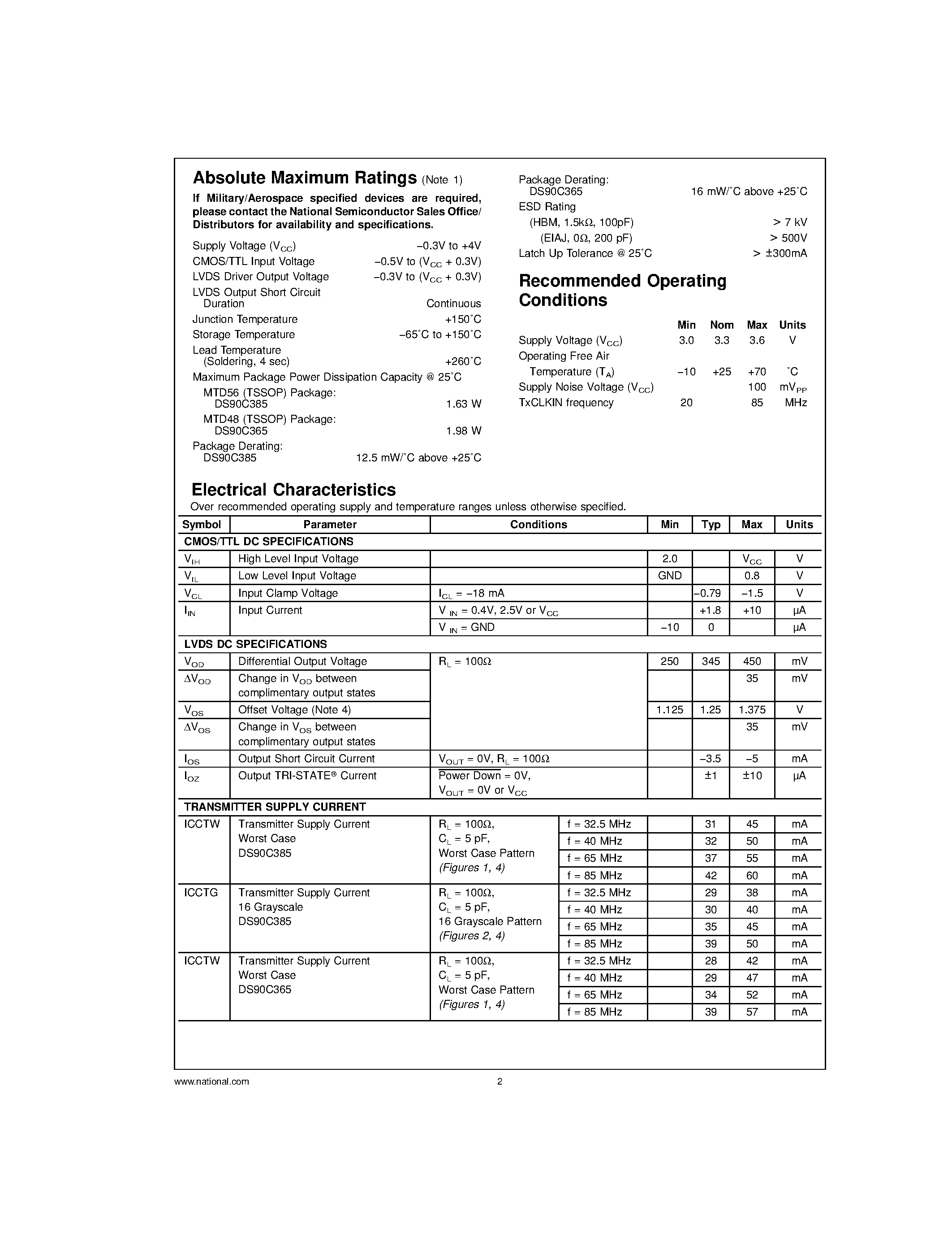 Datasheet DS90C365MTD - +3.3V Programmable LVDS Transmitter 24-Bit Flat Panel Display (FPD) Link-85 MHz/ +3.3V Programmable LVDS Transmitter 18-Bit Flat Panel Display (FPD) L page 2