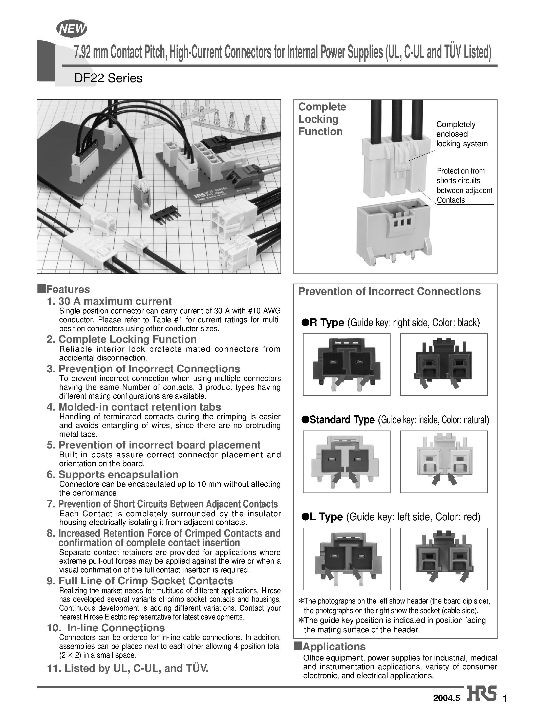 Datasheet DF22AL-4EP-7.92C - 7.92 mm Contact Pitch/ High-Current Connectors for Internal Power Supplies (UL/ C-UL and TUV Listed) page 1