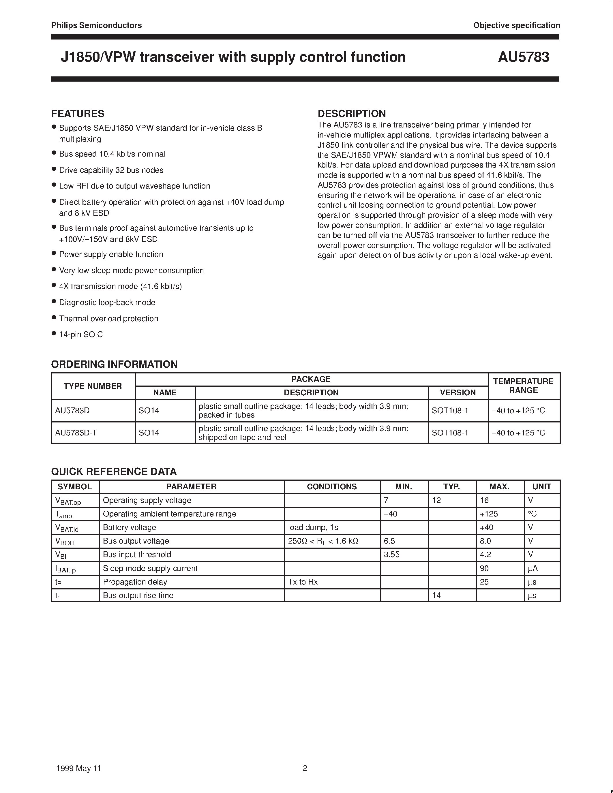 Даташит AU5783D-T - J1850/VPW transceiver with supply control function страница 2