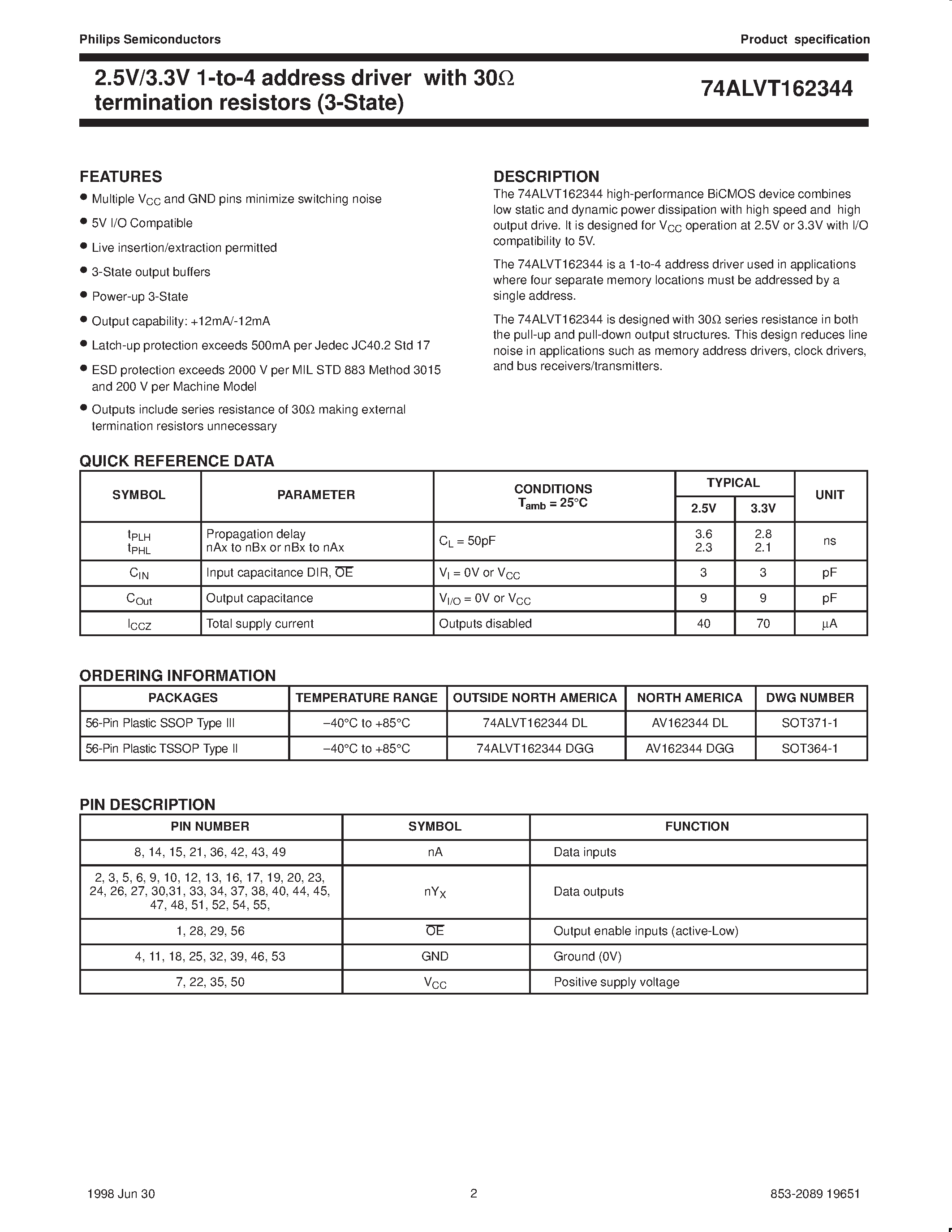 Datasheet AV162344DGG - 2.5V/3.3V 1-to-4 address driver with 30ohm termination resistors 3-State page 2