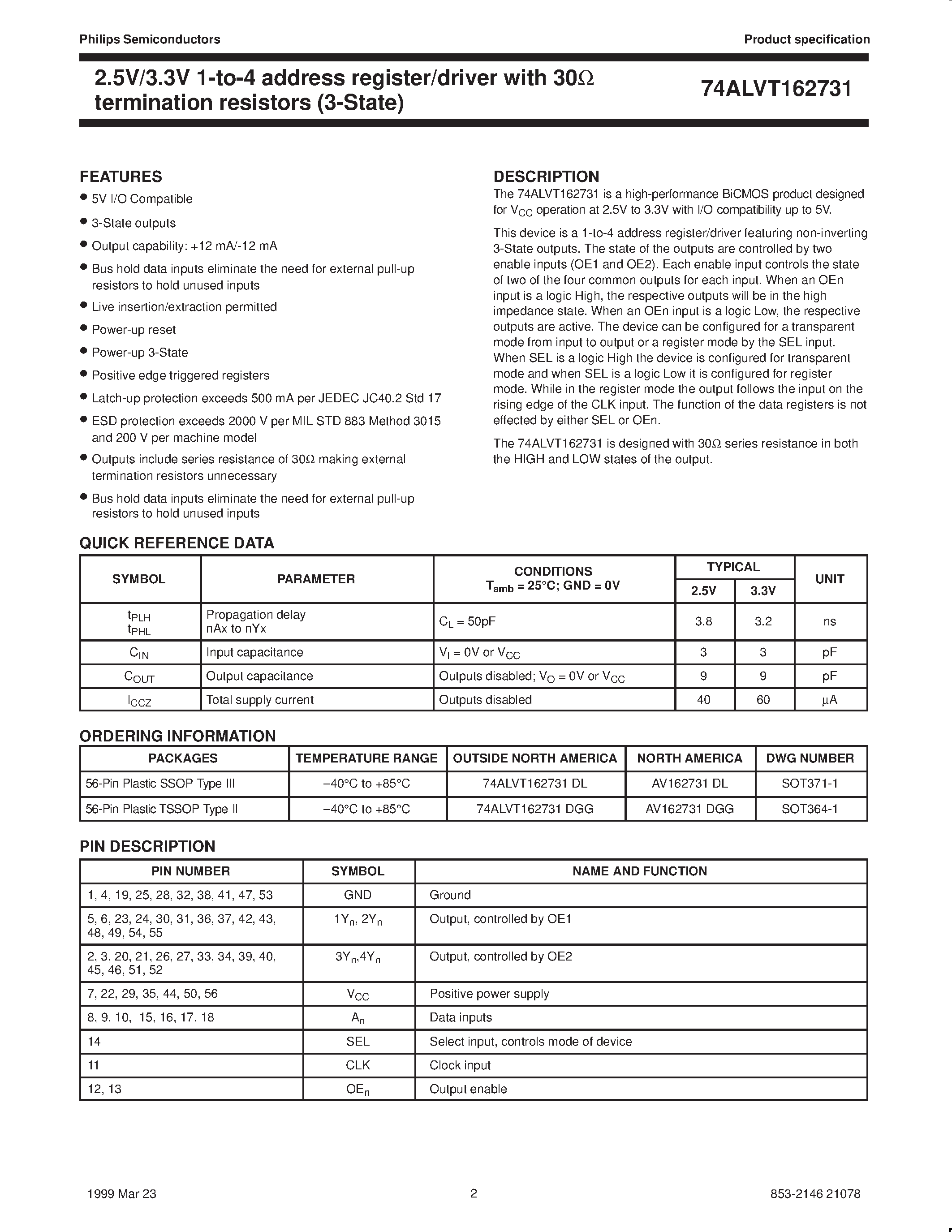 Datasheet AV162731DGG - 2.5V/3.3V 1-to-4 address register/driver with 30ohm termination resistors 3-State page 2