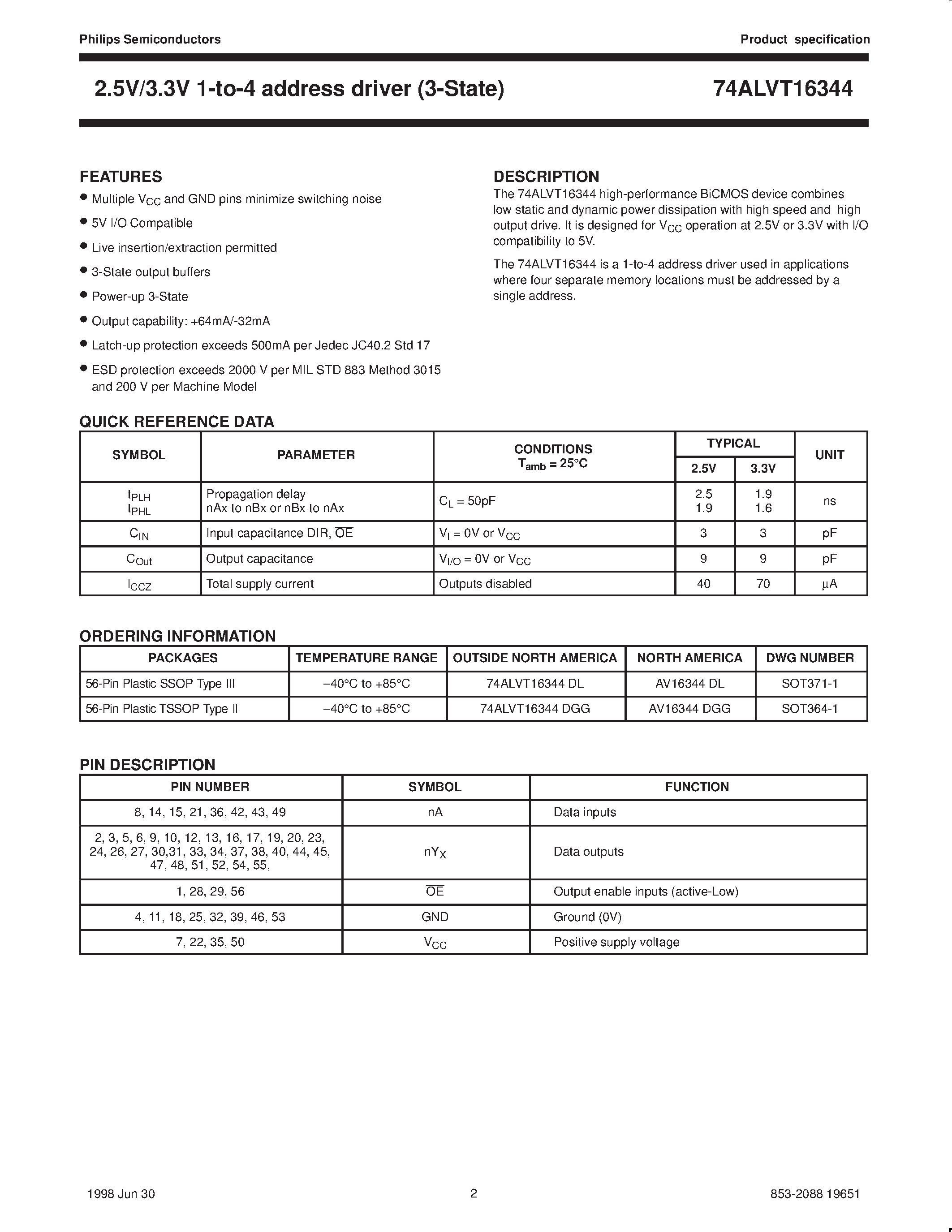 Datasheet AV16344DGG - 2.5V/3.3V 1-to-4 address driver 3-State page 2