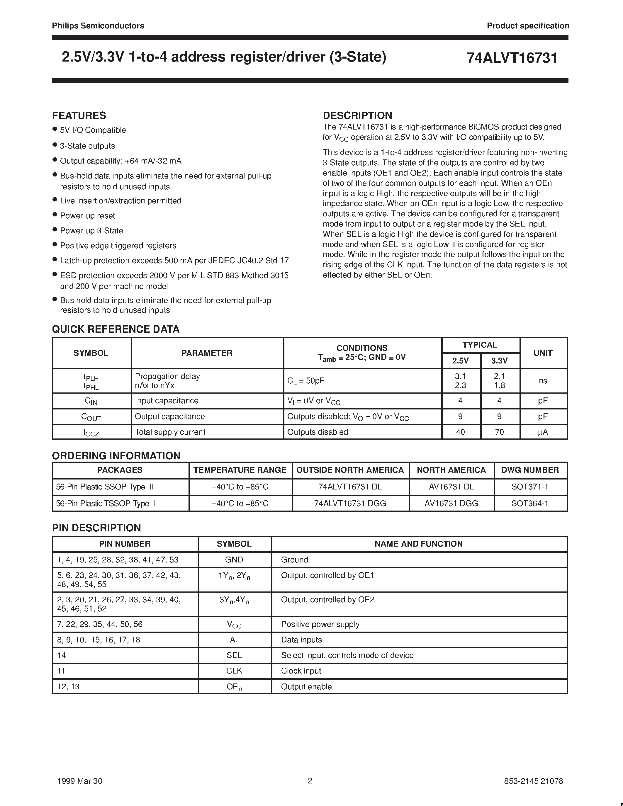 Datasheet AV16731DGG - 2.5V/3.3V 1-to-4 address register/driver 3-State page 2