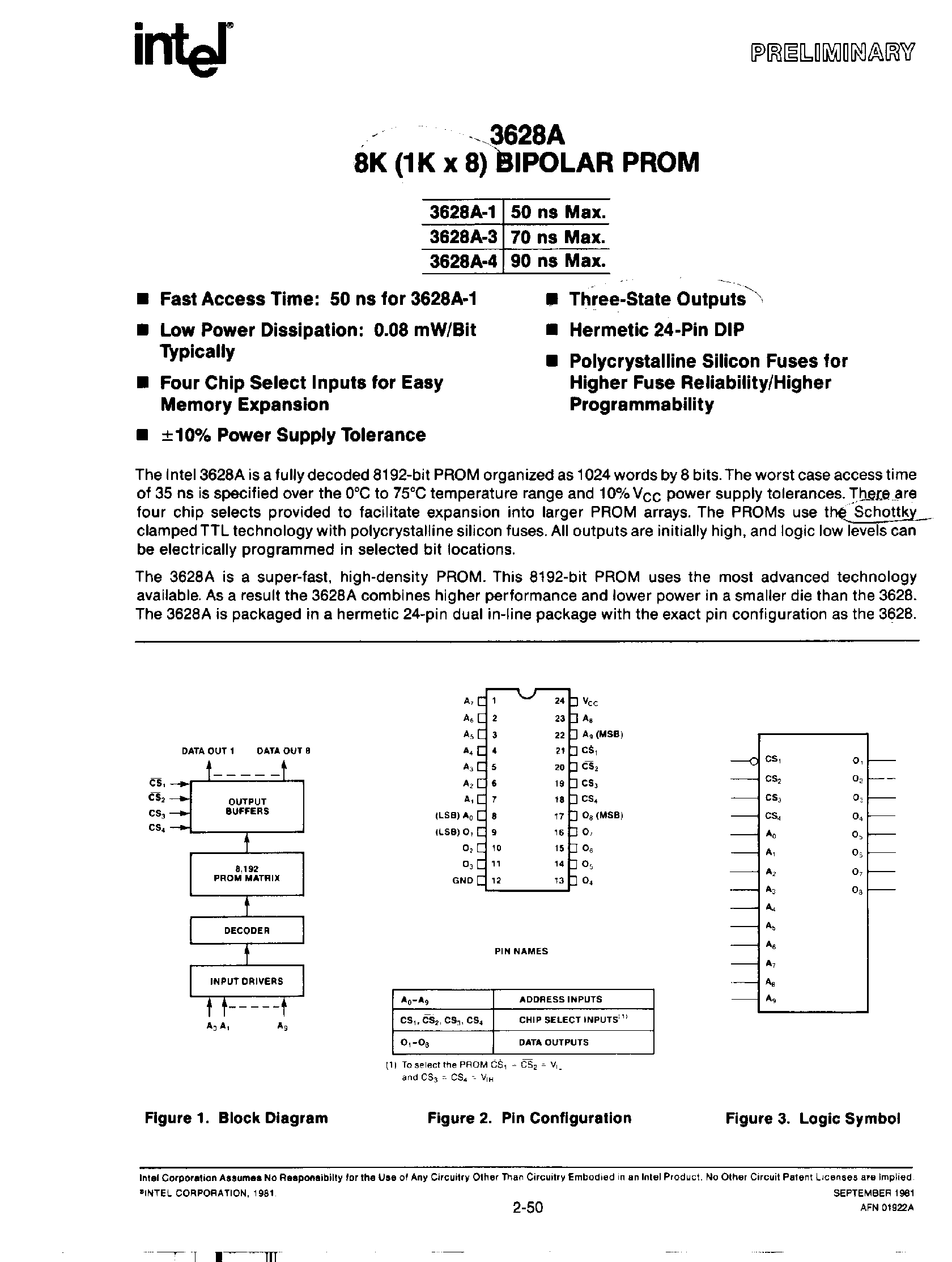 Даташит D3628A-4 - 8K (1K x 8) BIPOLAR PROM страница 1