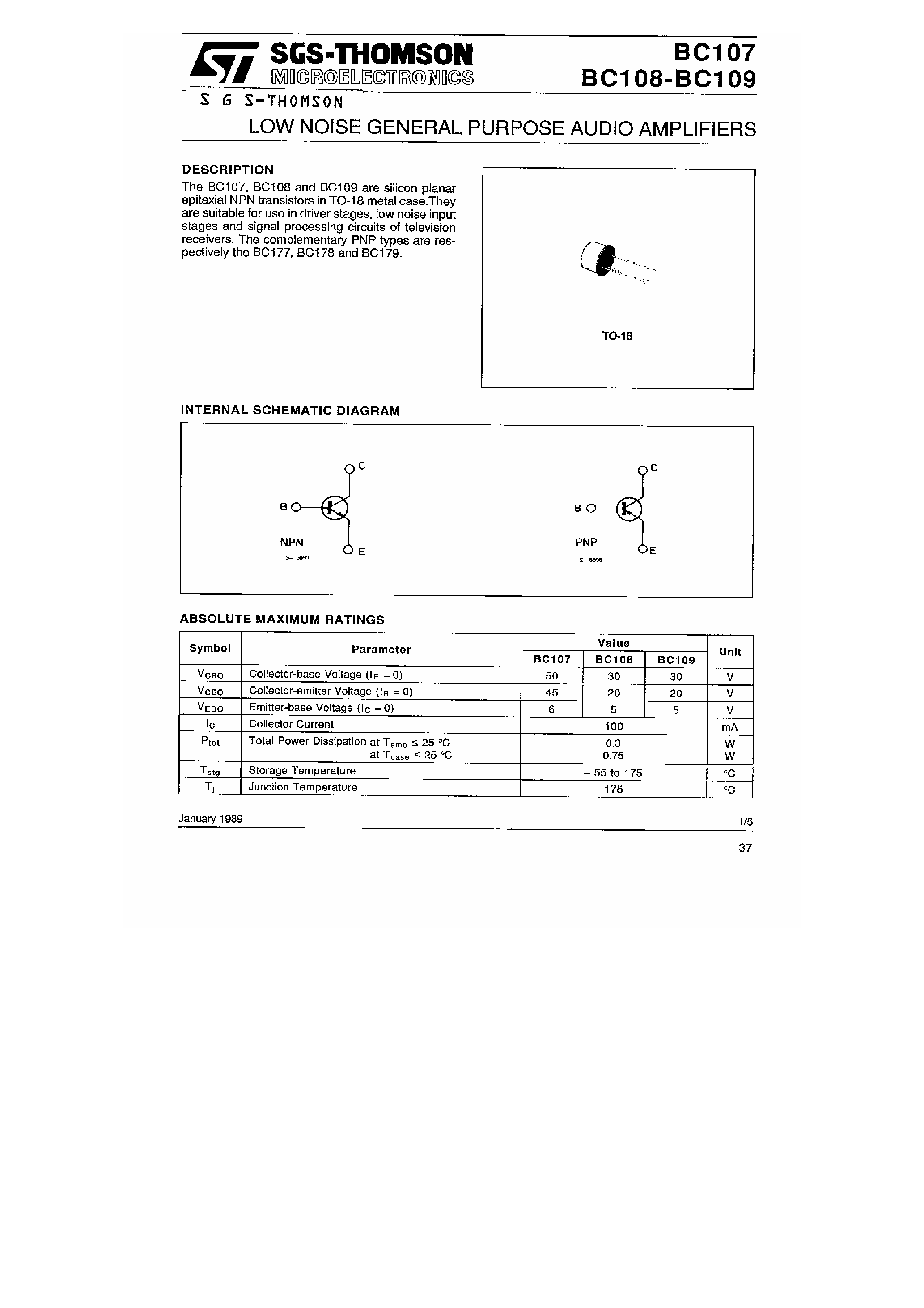 Datasheet BC109 - TRANSISTOR page 1