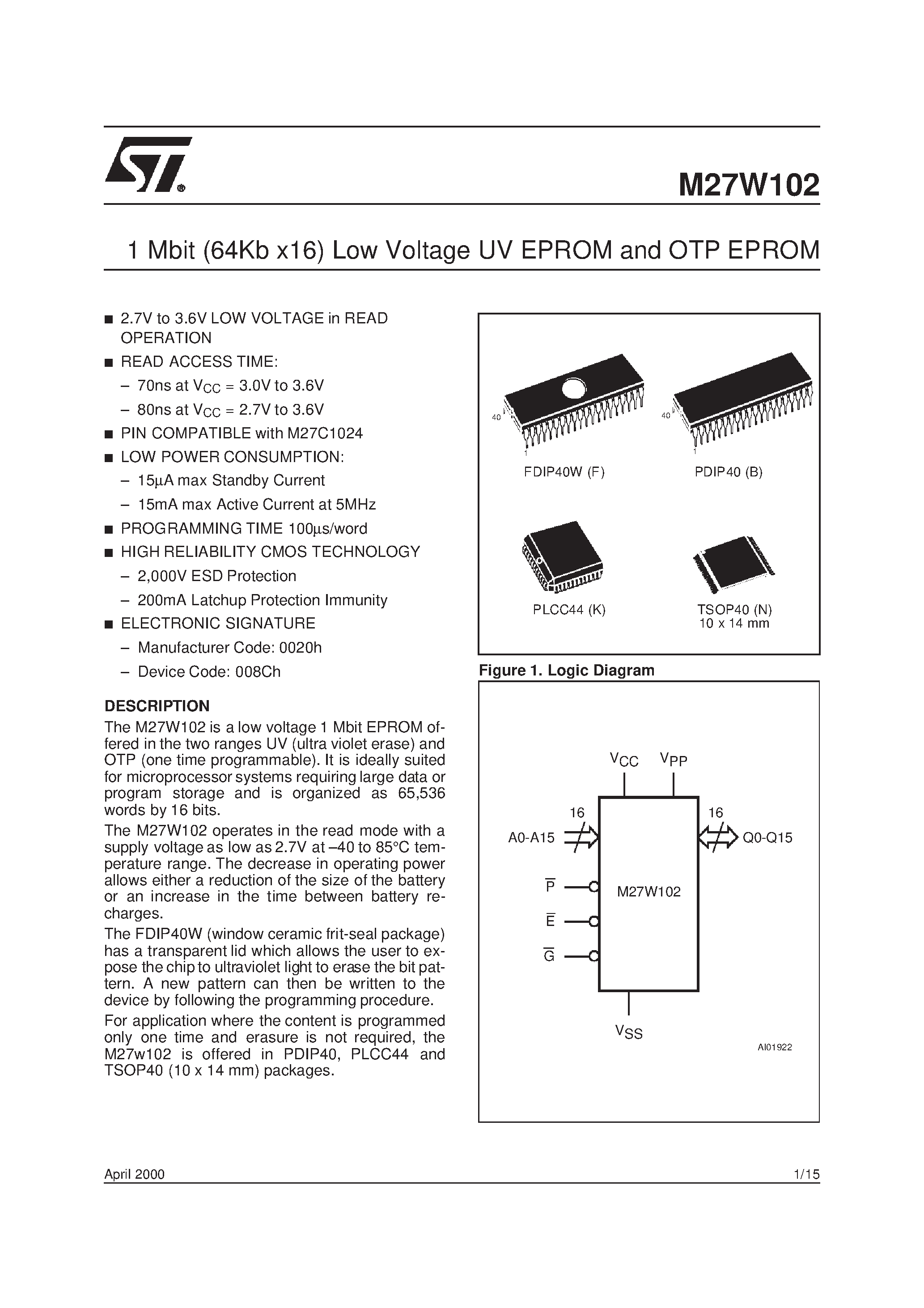 Даташит M27W102-100B6TR - 1 Mbit 64Kb x16 Low Voltage UV EPROM and OTP EPROM страница 1