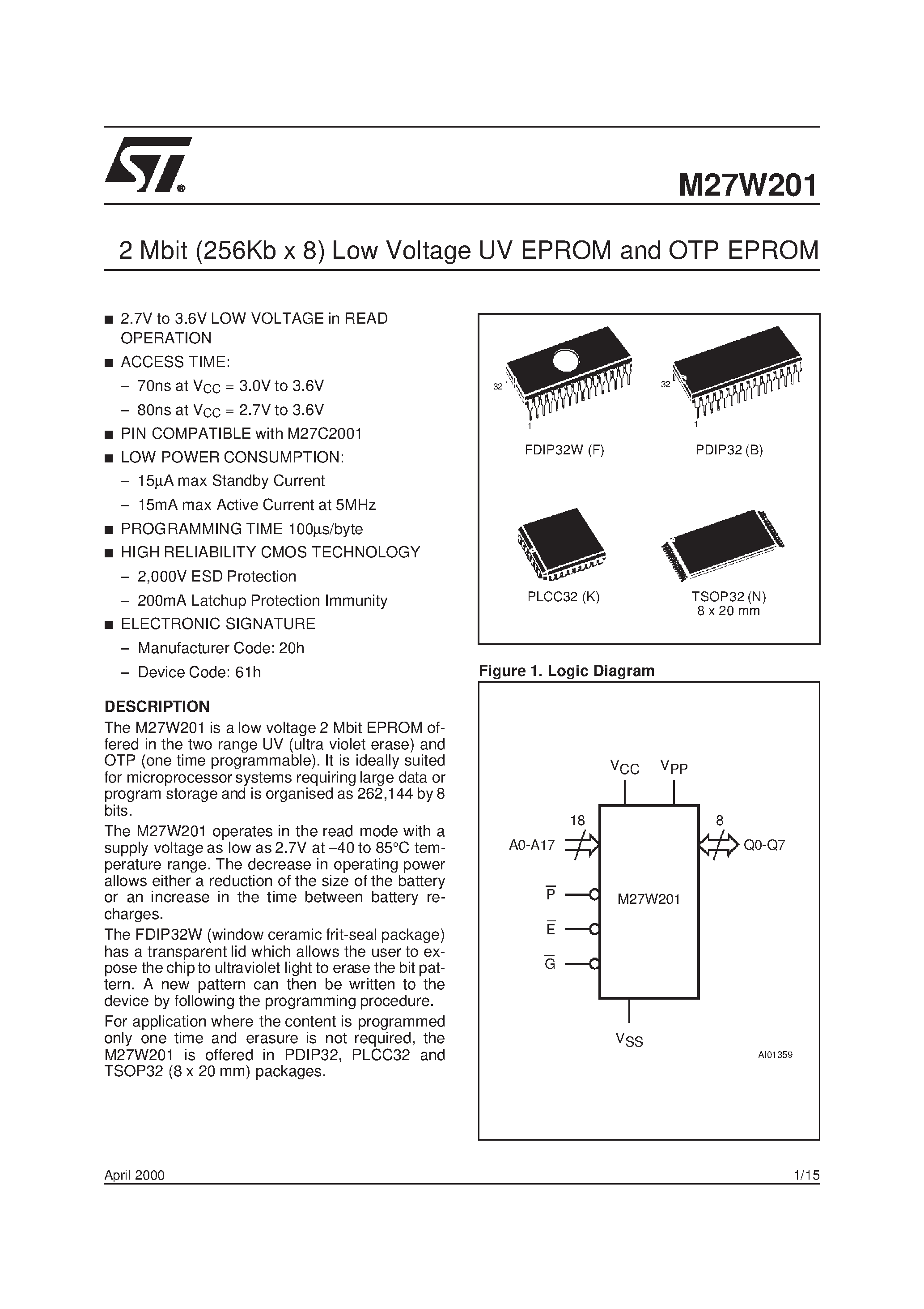 Даташит M27W102-80N6TR - 1 Mbit 64Kb x16 Low Voltage UV EPROM and OTP EPROM страница 1