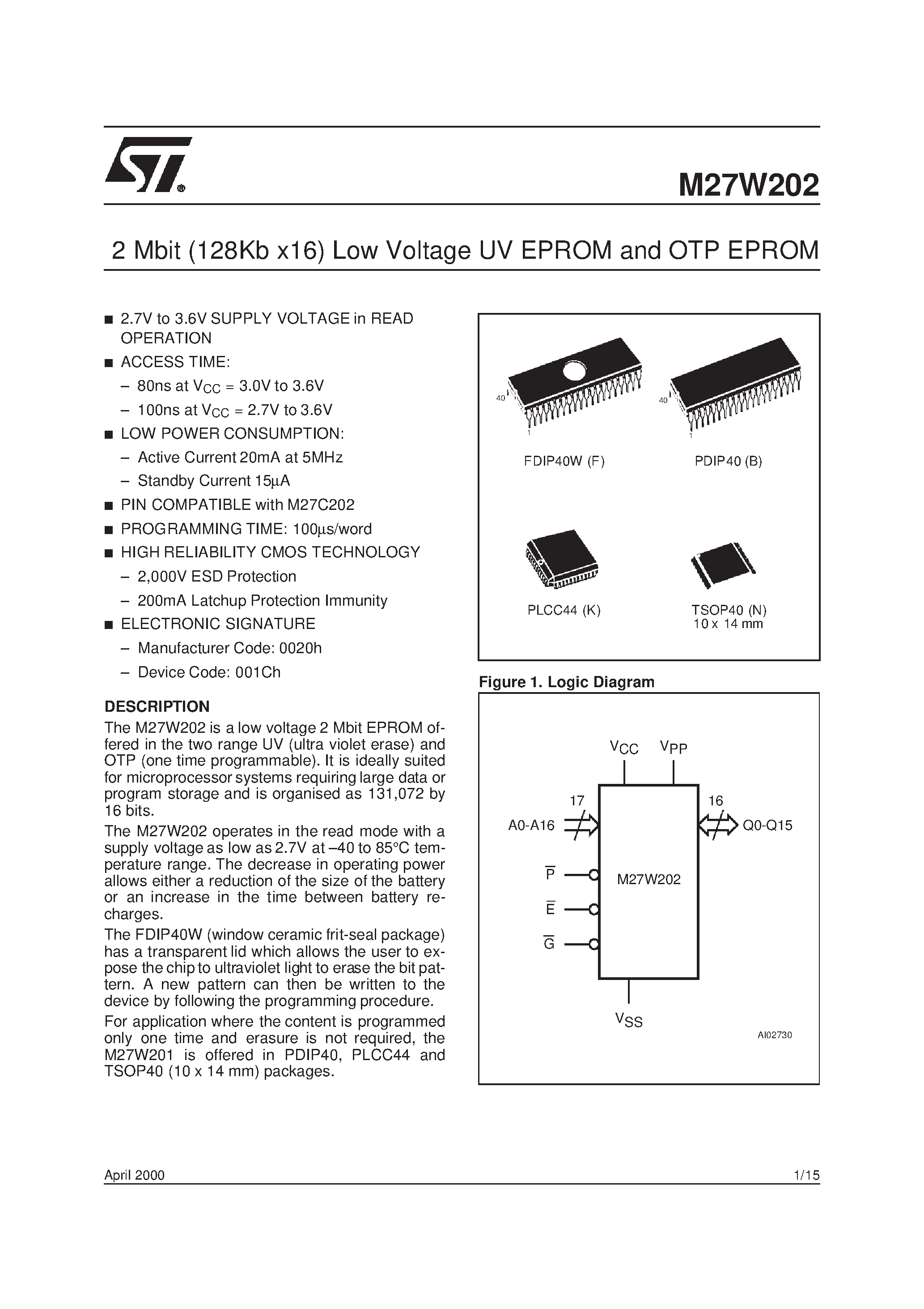 Даташит M27W201-80N6TR - 2 Mbit 256Kb x 8 Low Voltage UV EPROM and OTP EPROM страница 1