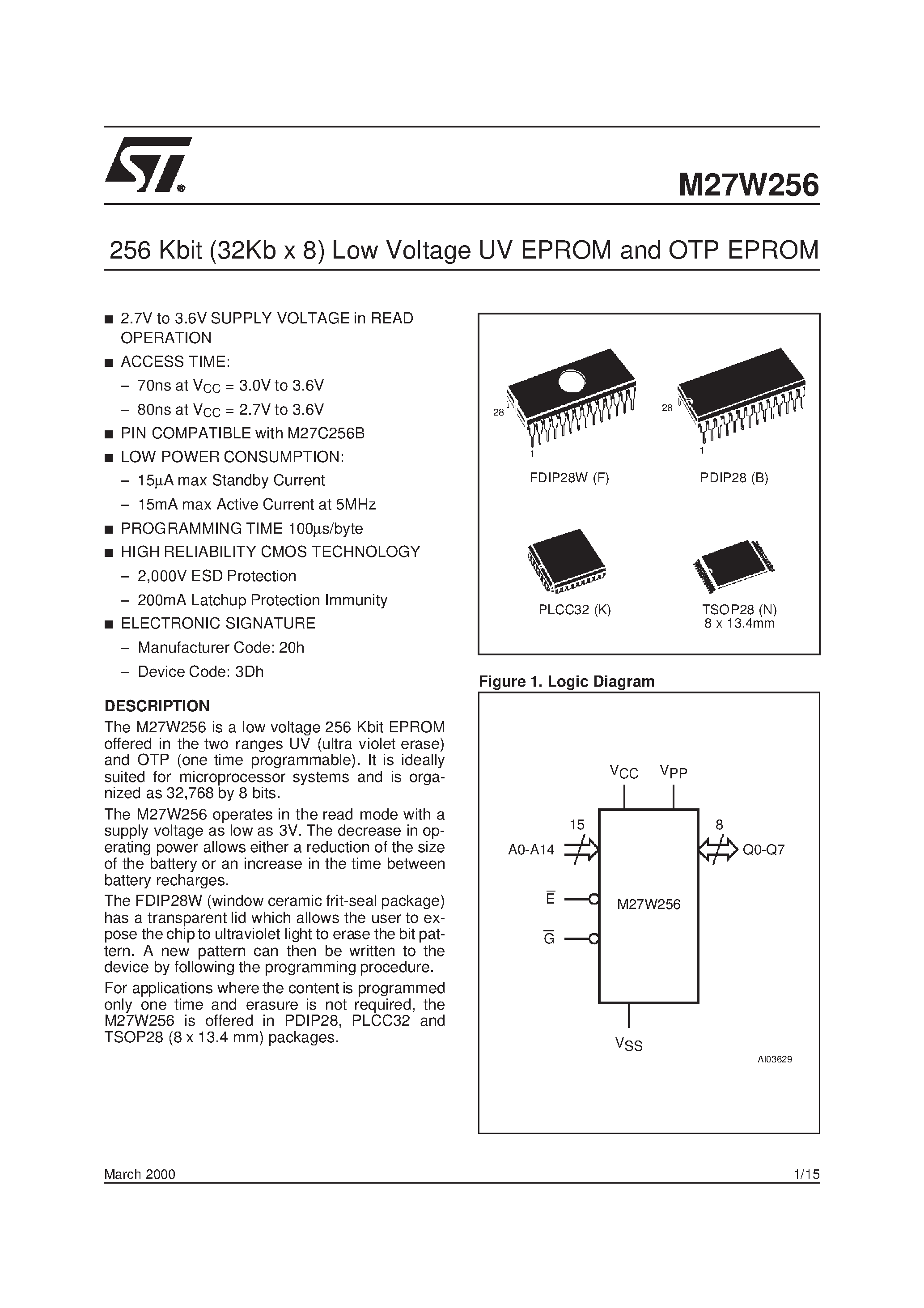 Даташит M27W202-200N6TR - 2 Mbit 128Kb x16 Low Voltage UV EPROM and OTP EPROM страница 1