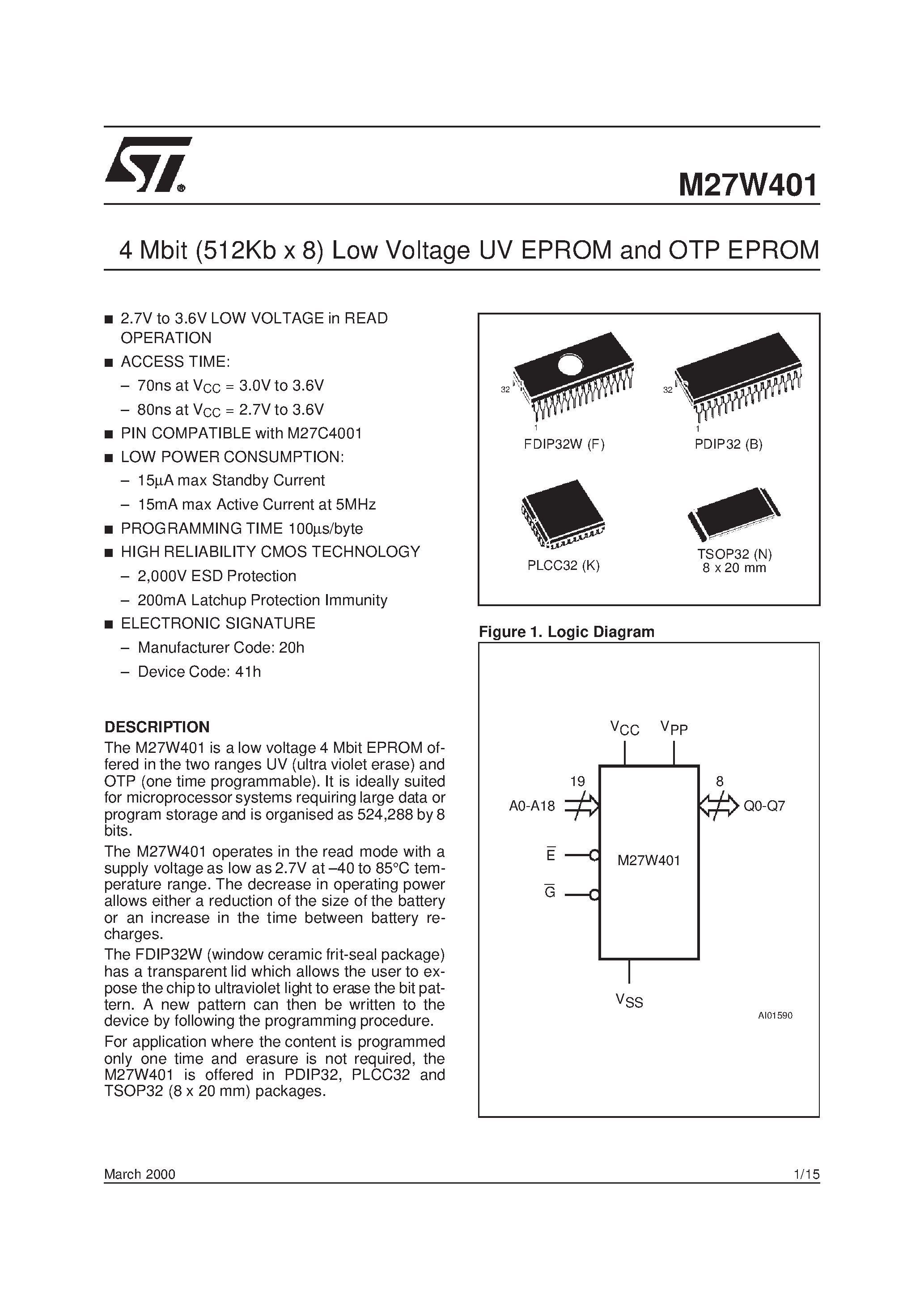 Datasheet M27W401-200XN6TR - 4 Mbit 512Kb x 8 Low Voltage UV EPROM and OTP EPROM page 1