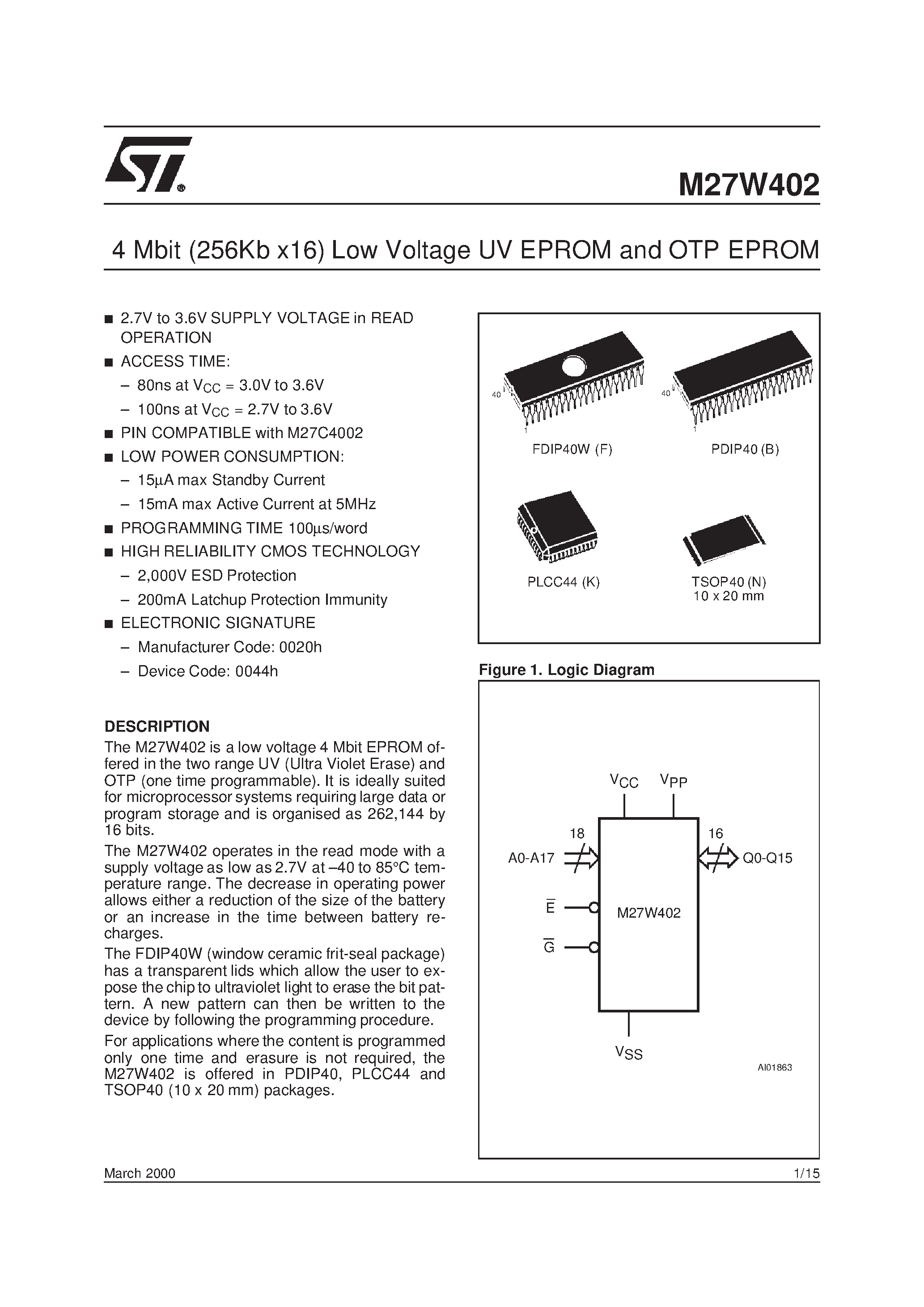 Datasheet M27W401-80XN6TR - 4 Mbit 512Kb x 8 Low Voltage UV EPROM and OTP EPROM page 1