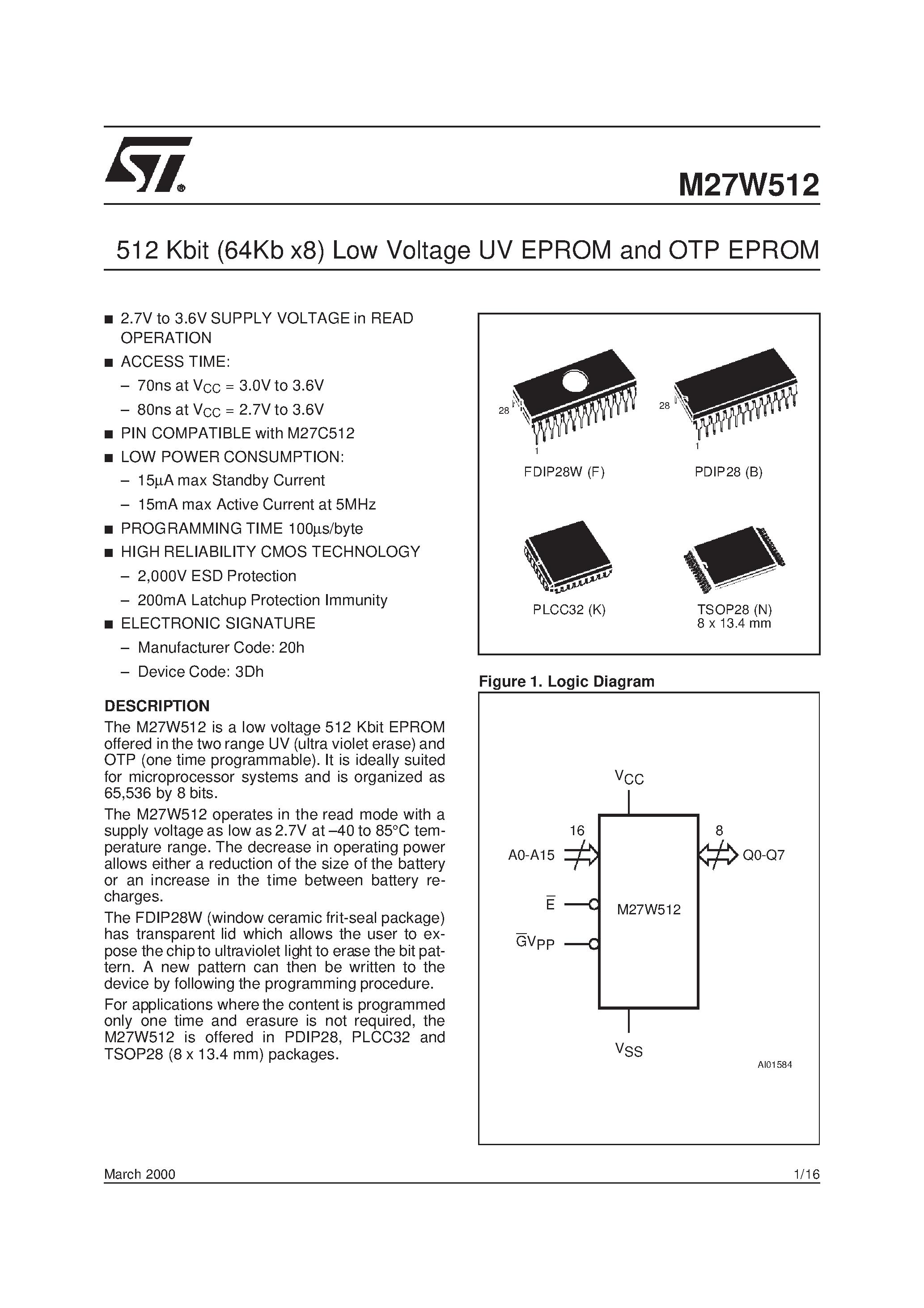 Datasheet M27W402-200N6TR - 4 Mbit 256Kb x16 Low Voltage UV EPROM and OTP EPROM page 1