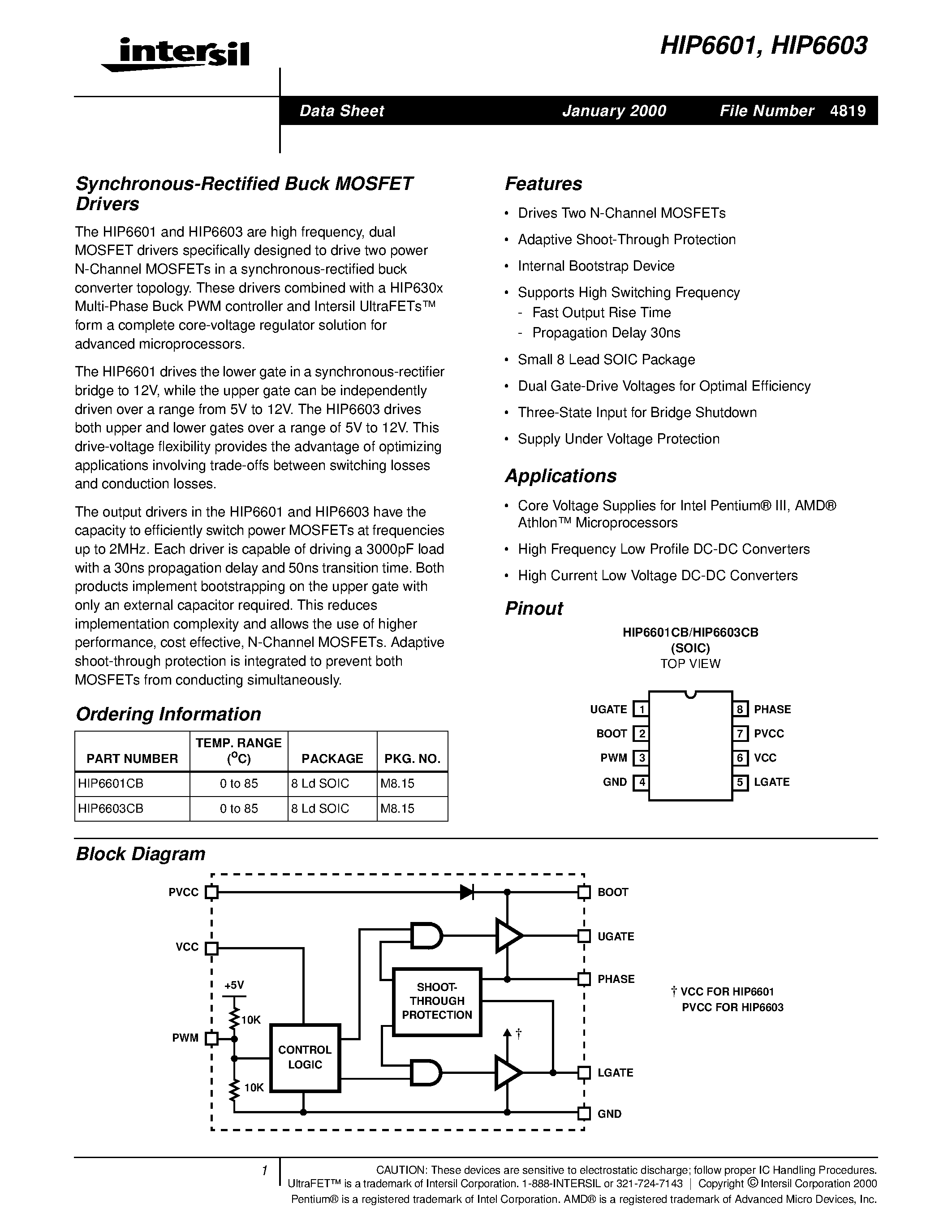 Datasheet FN4819 - Synchronous-Rectified Buck MOSFET Drivers page 1