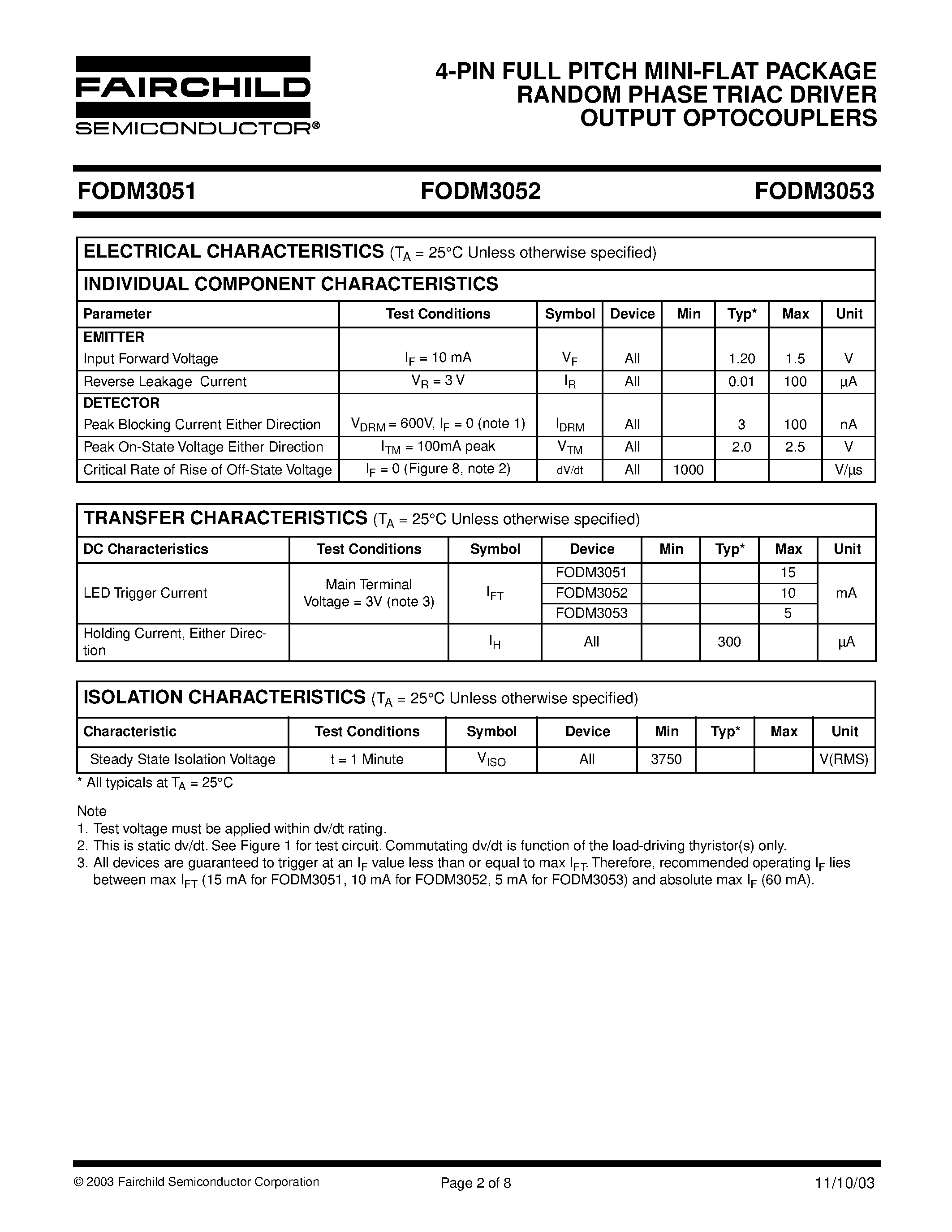 Даташит FODM3053 - 4-PIN FULL PITCH MINI-FLAT PACKAGE RANDOM PHASE TRIAC DRIVER OUTPUT OPTOCOUPLERS страница 2