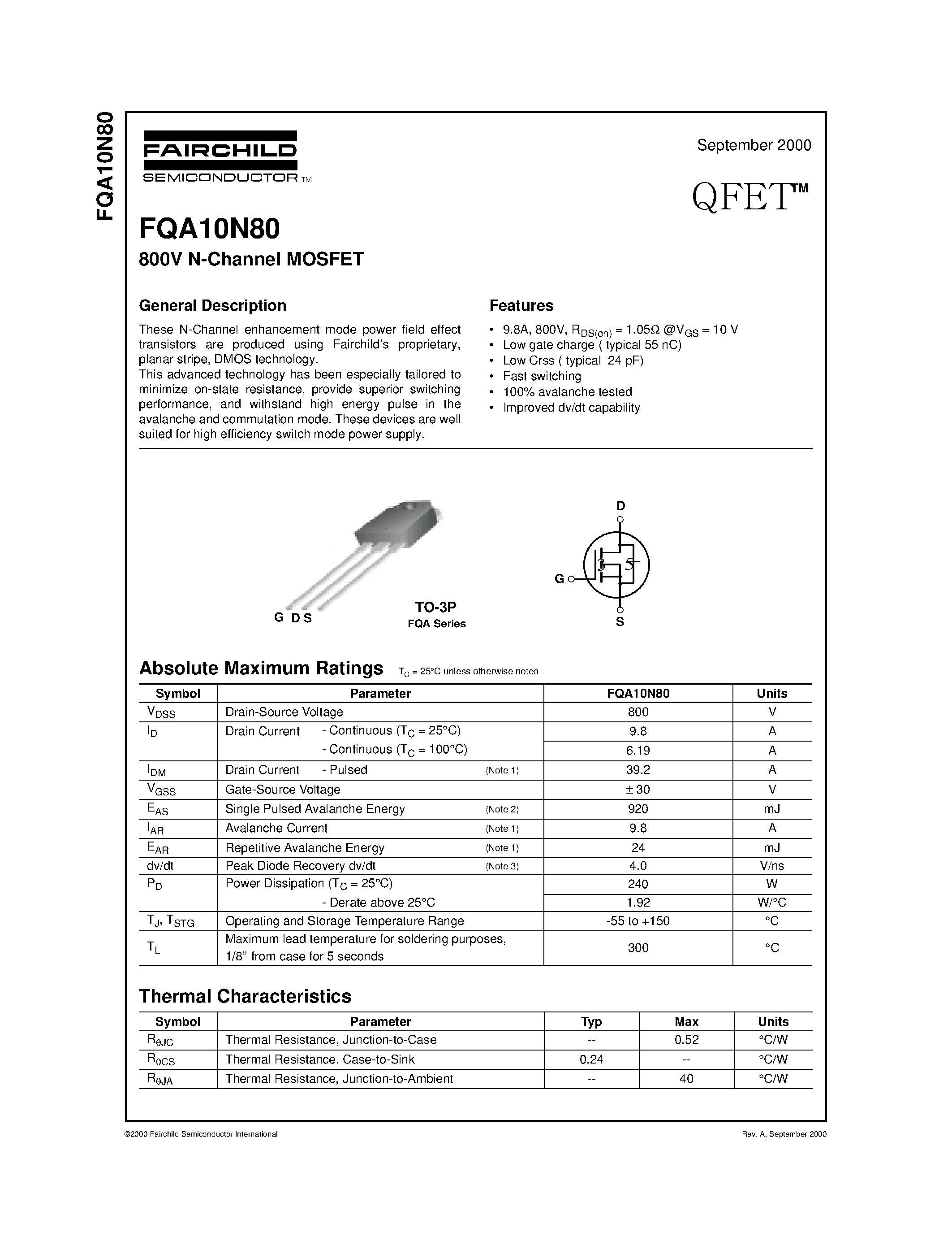 Datasheet FQA10N80 - 800V N-Channel MOSFET page 1