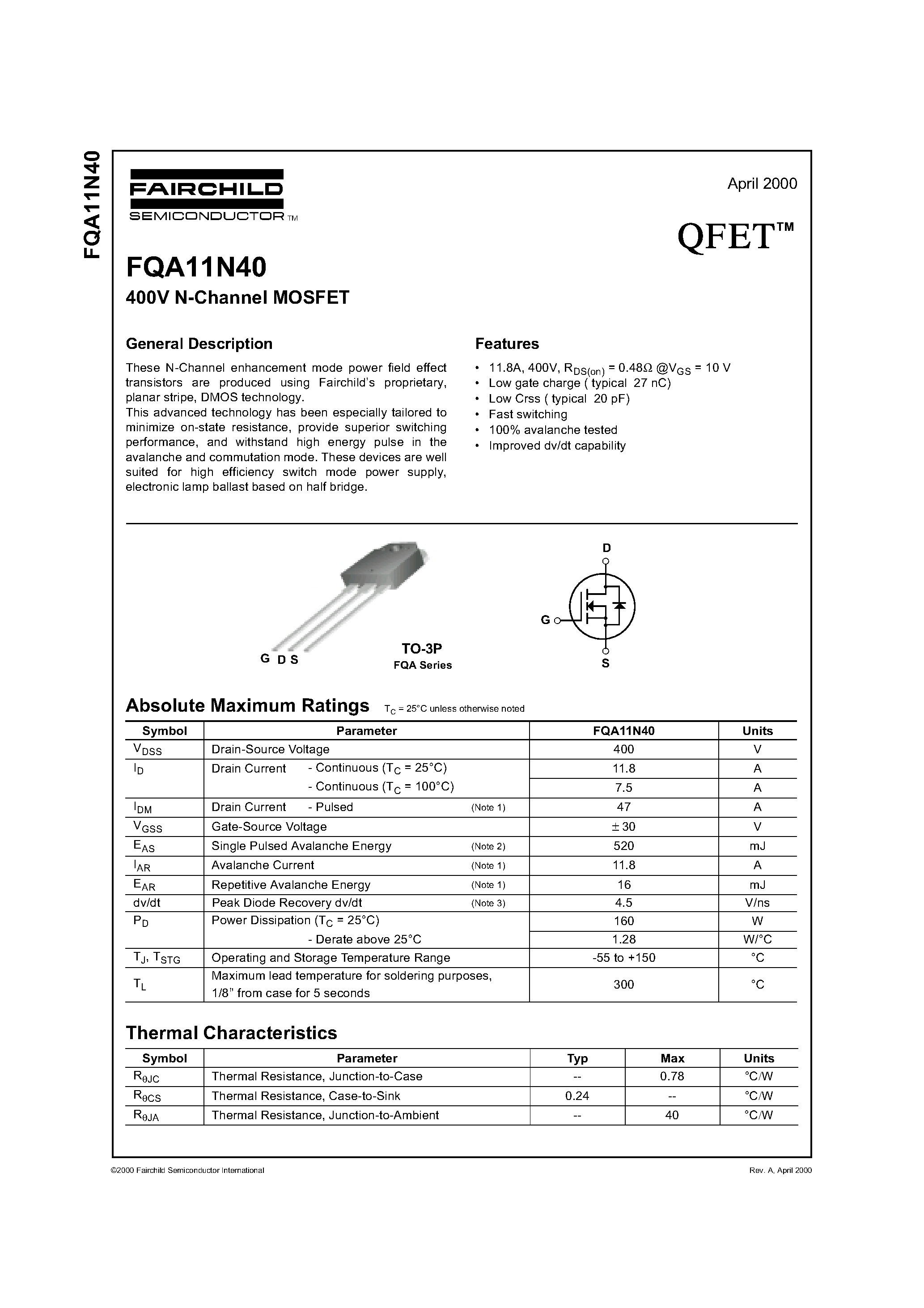 Datasheet FQA11N40 - 400V N-Channel MOSFET page 1