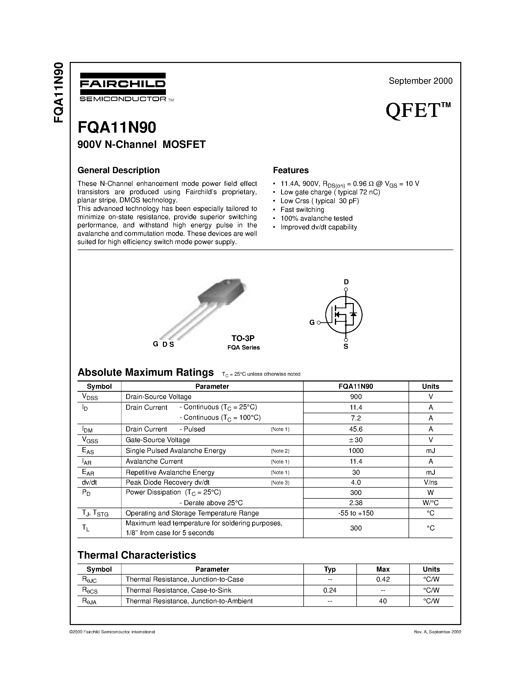 Datasheet FQA11N90 - 900V N-Channel MOSFET page 1