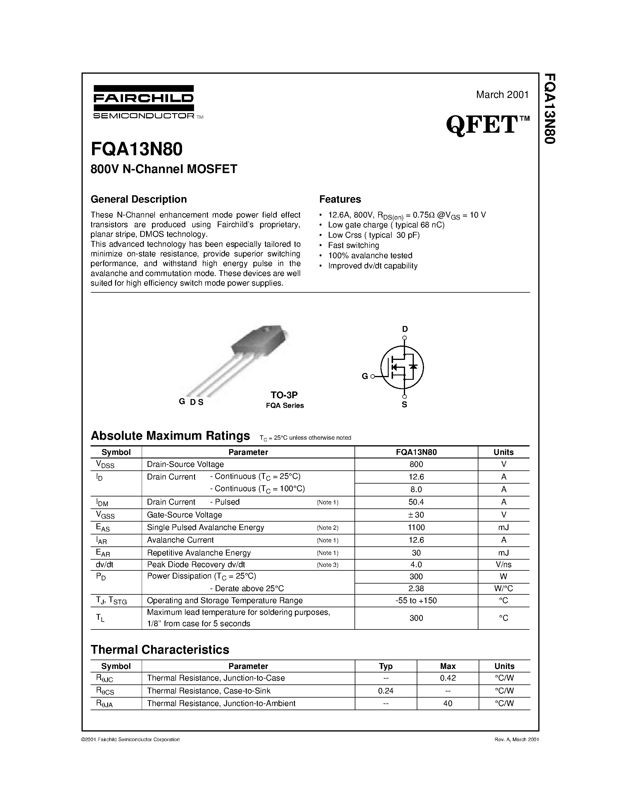 Datasheet FQA13N80 - 800V N-Channel MOSFET page 1