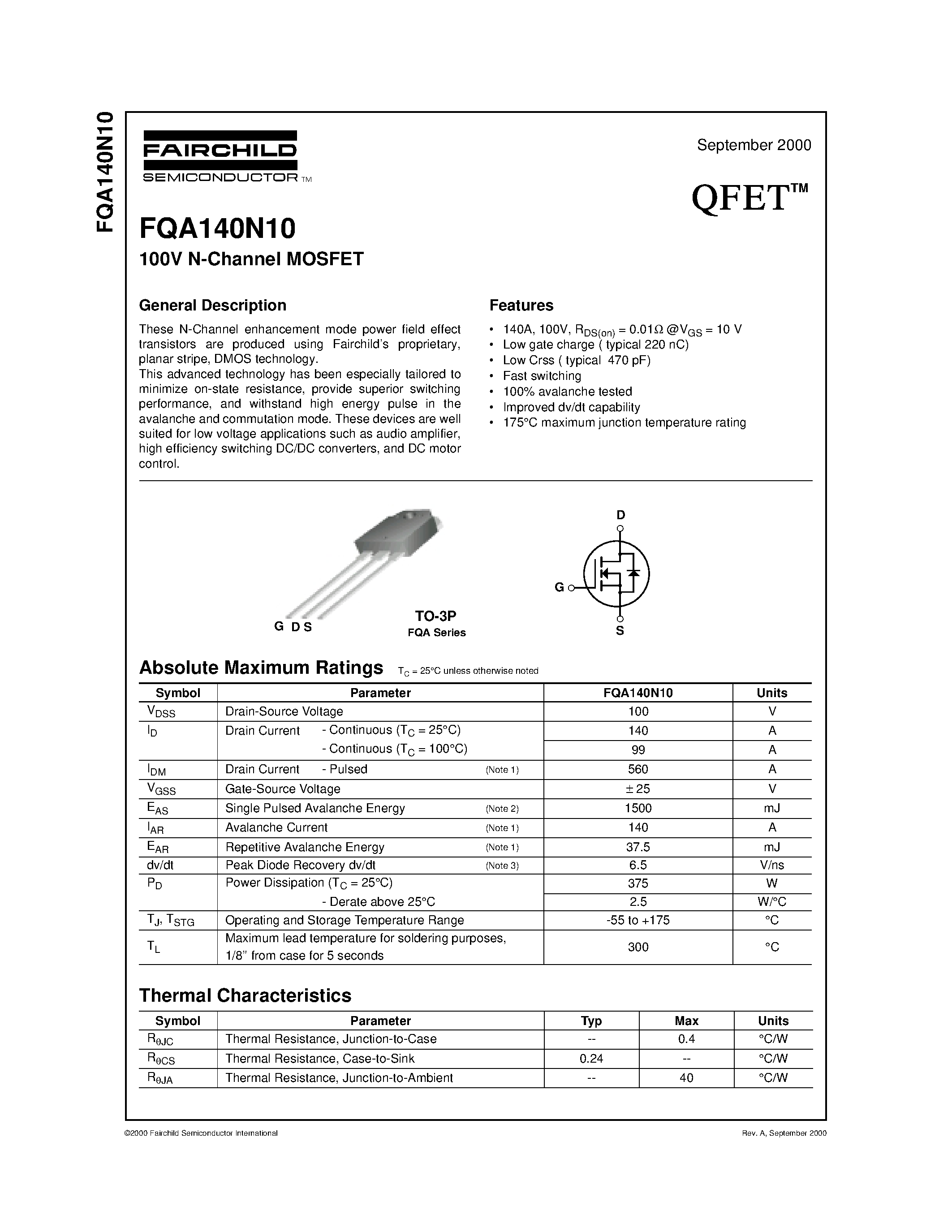 Datasheet FQA140N10 - 100V N-Channel MOSFET page 1