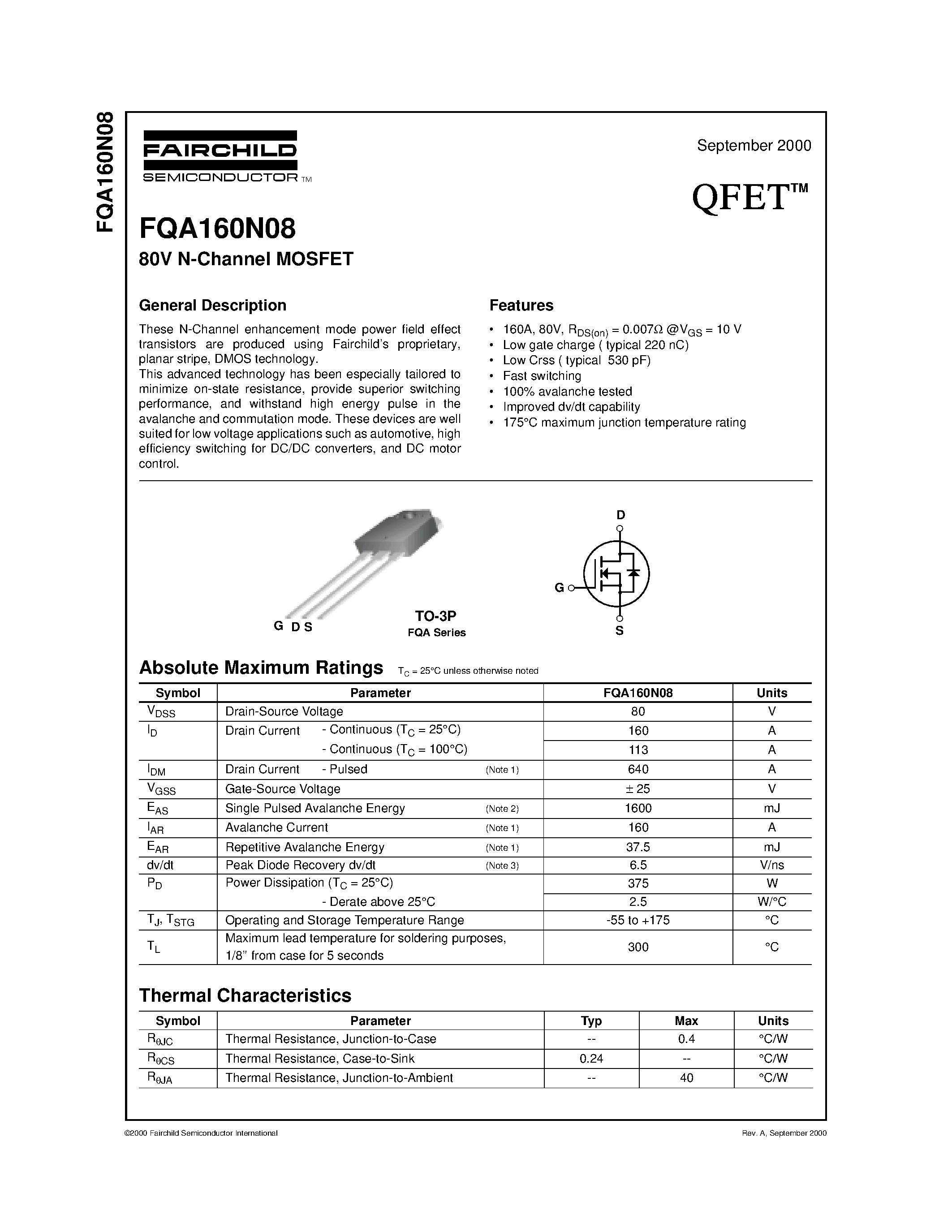 Datasheet FQA160N08 - 80V N-Channel MOSFET page 1