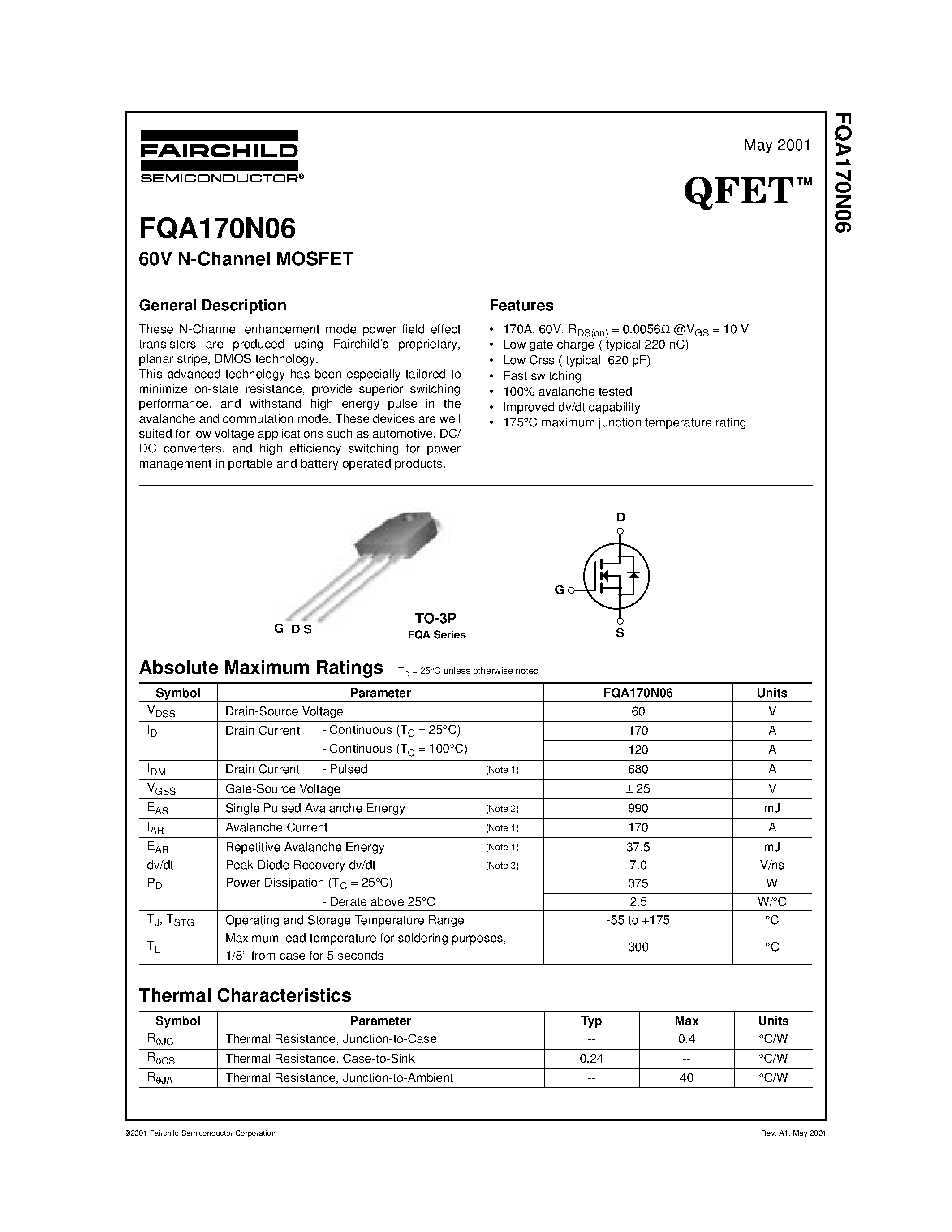 Datasheet FQA170N06 - 60V N-Channel MOSFET page 1