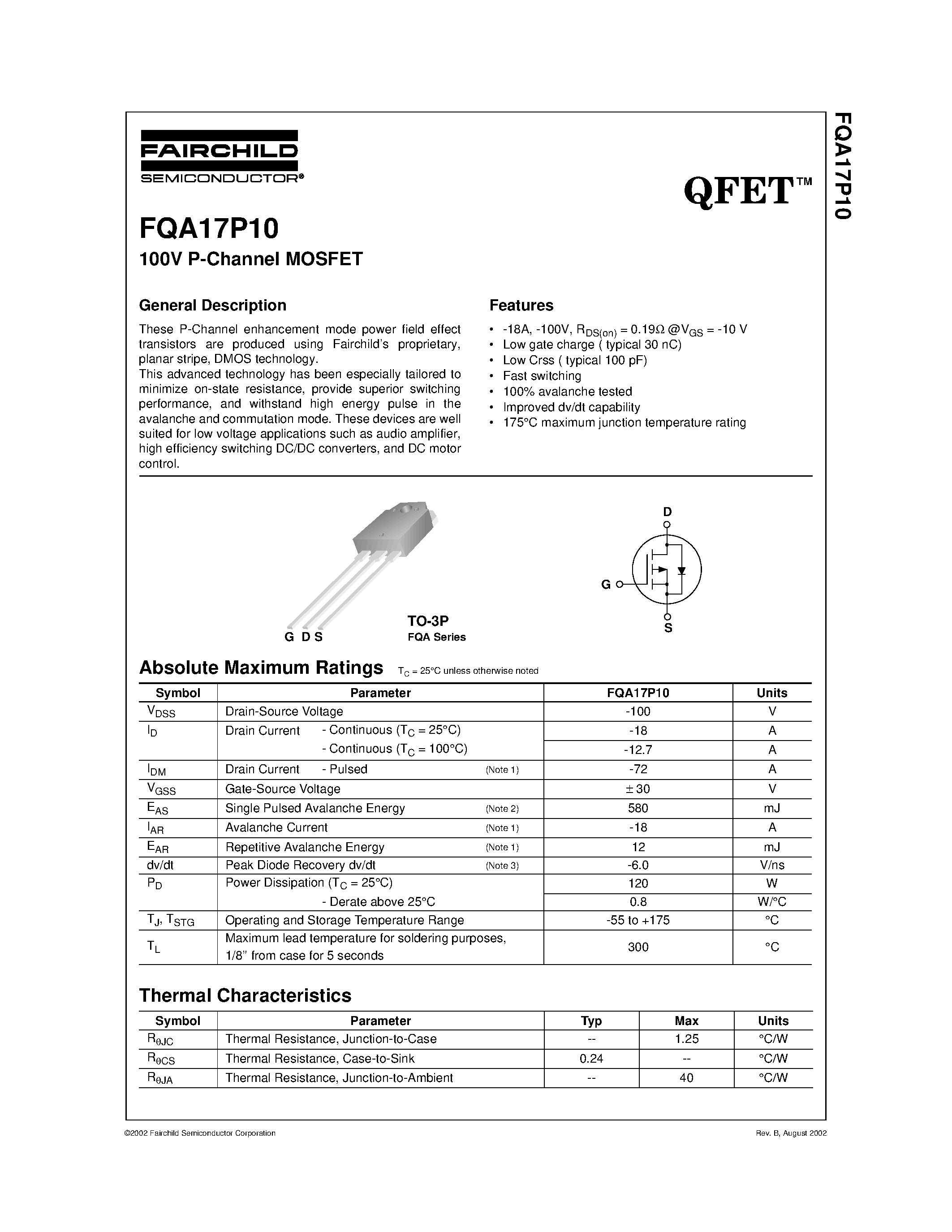 Datasheet FQA17P10 - 100V P-Channel MOSFET page 1