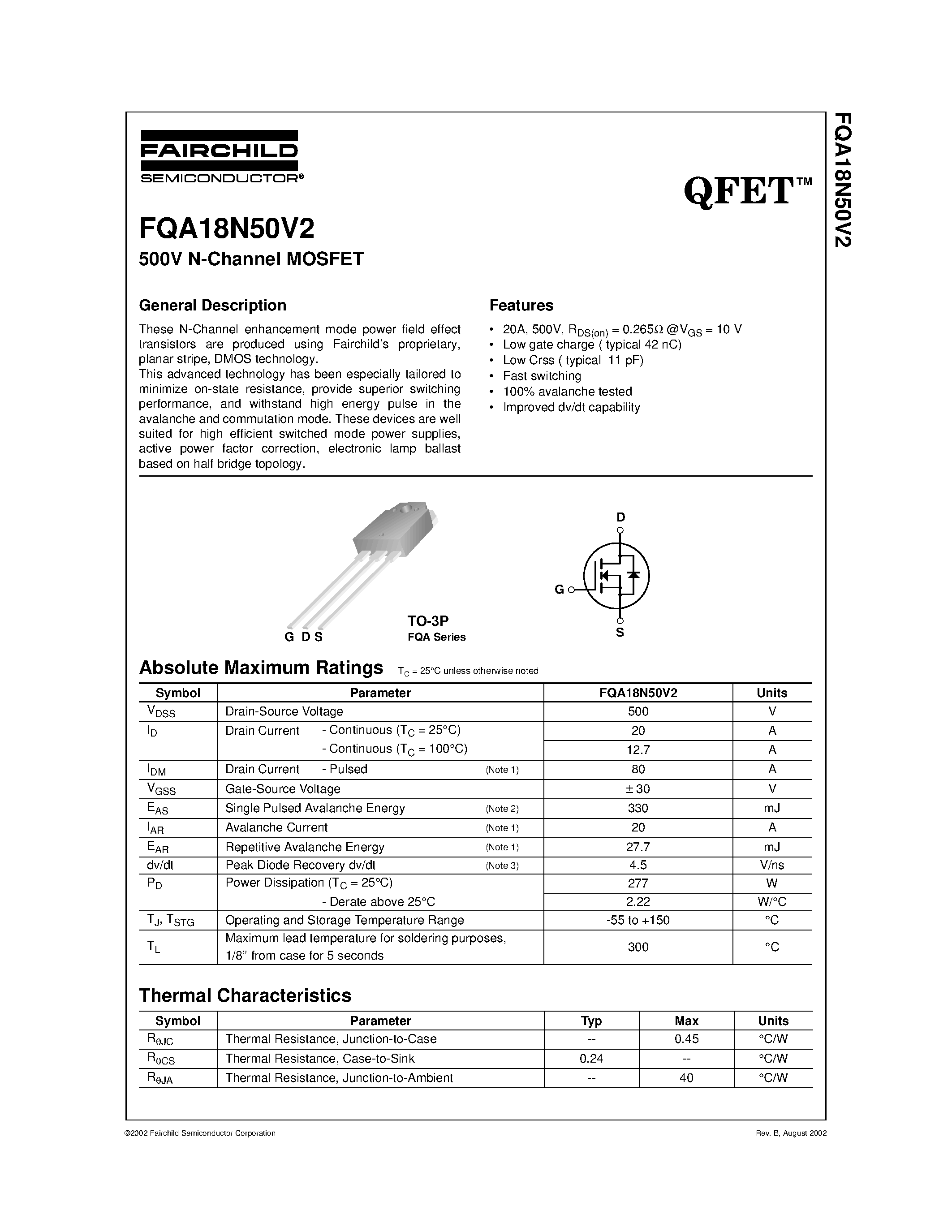 Datasheet FQA18N50V - 500V N-Channel MOSFET page 1