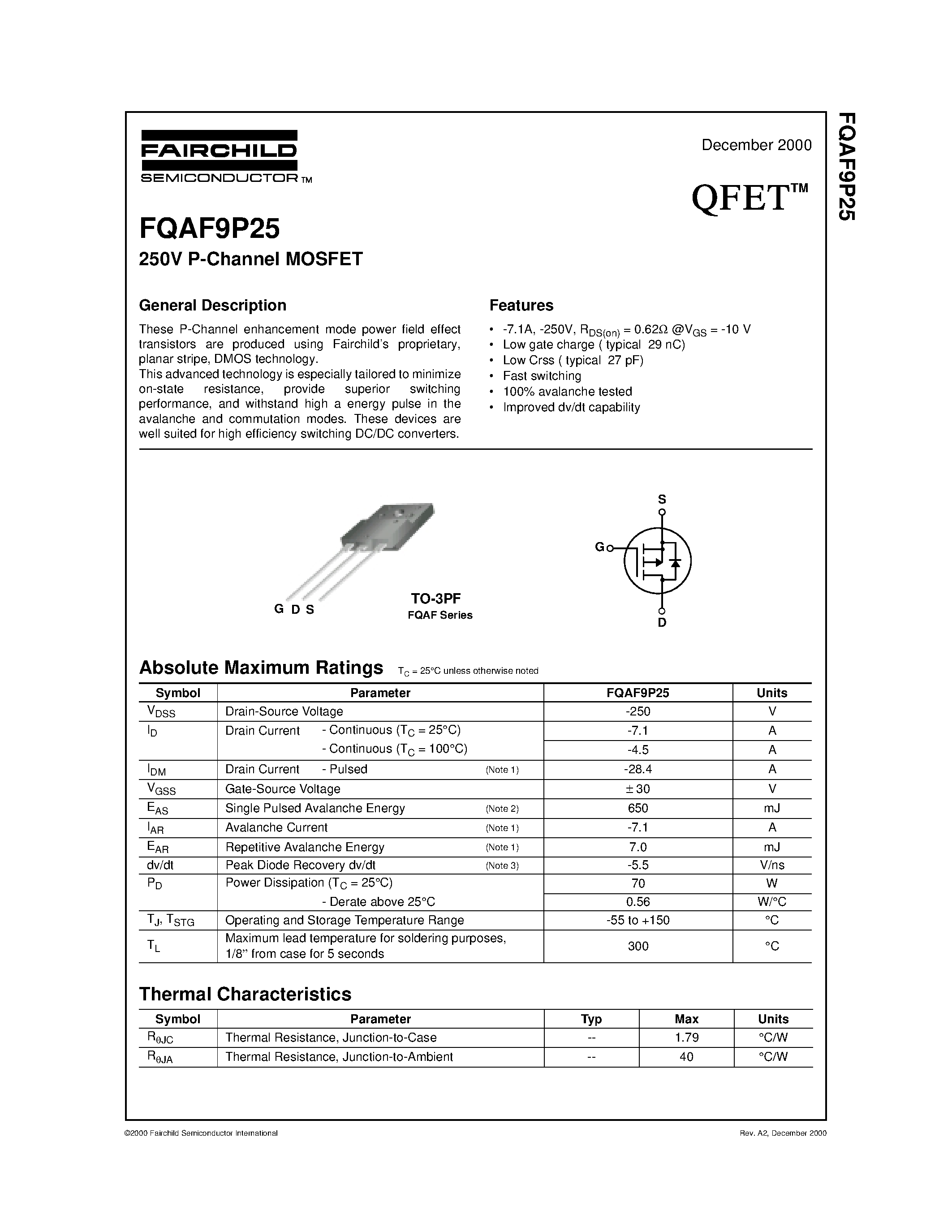 Datasheet FQAF9P25 - 250V P-Channel MOSFET page 1